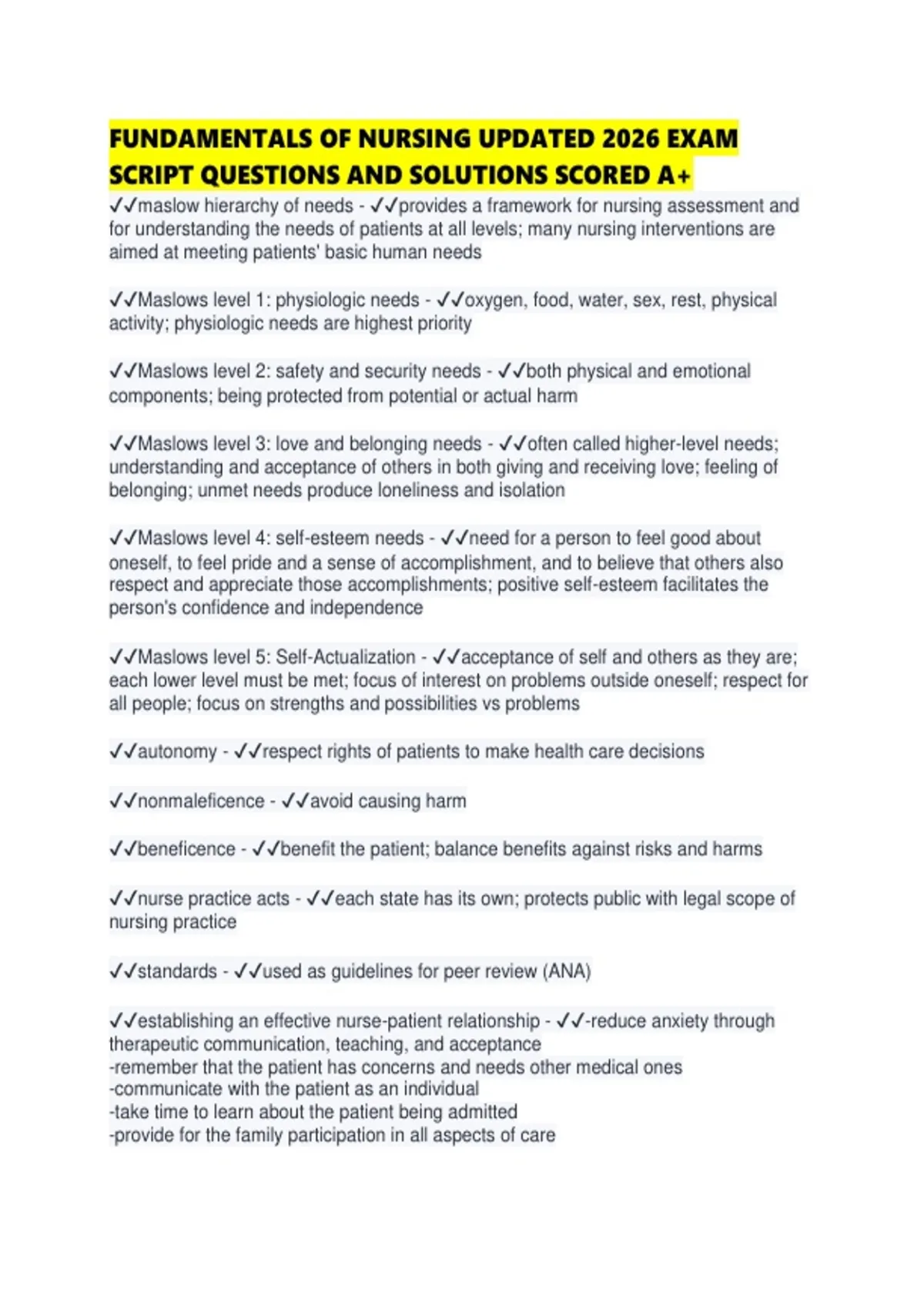 FUNDAMENTALS OF NURSING UPDATED 2026 EXAM SCRIPT QUESTIONS AND ...