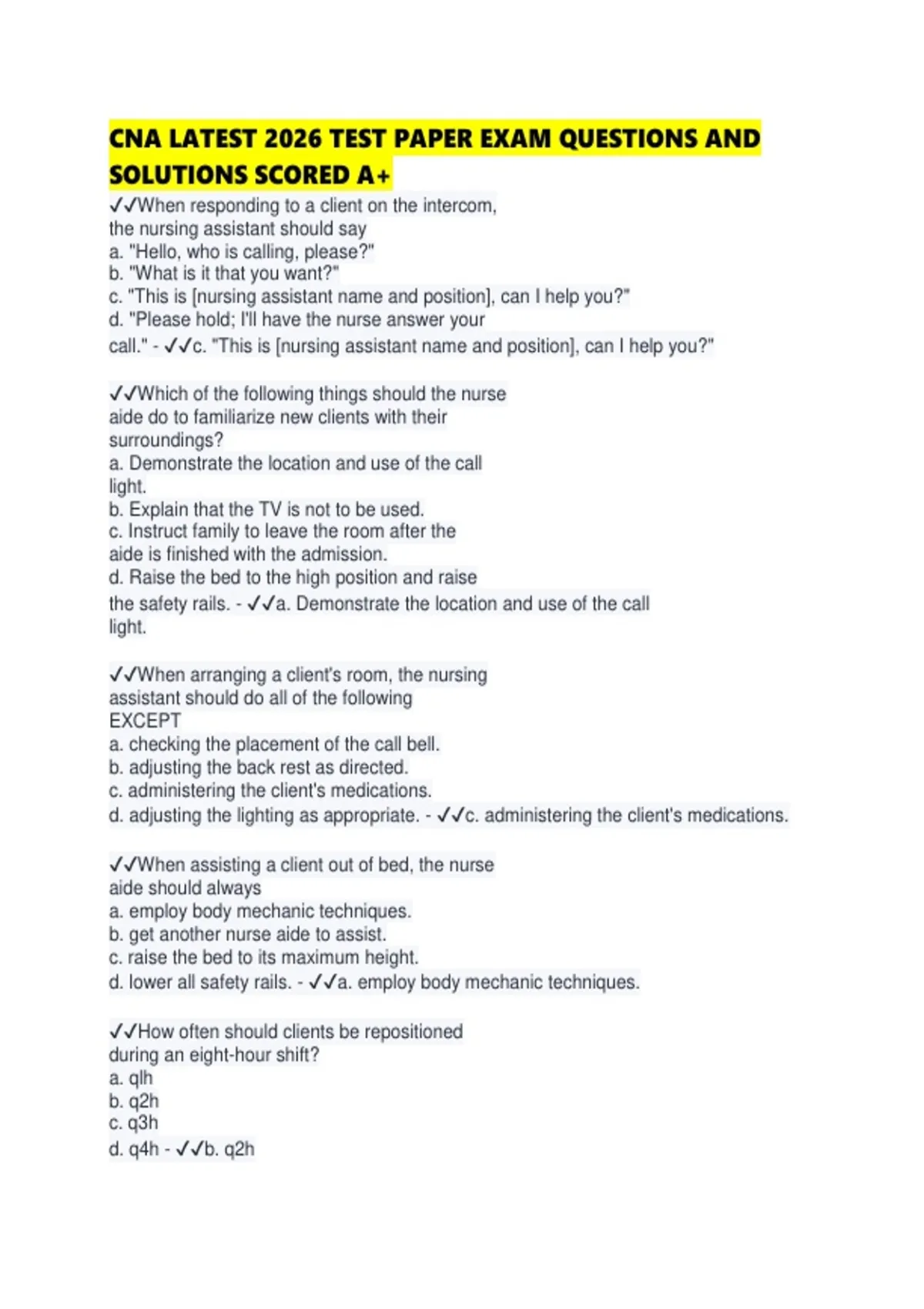 CNA LATEST 2026 TEST PAPER EXAM QUESTIONS AND SOLUTIONS SCORED - Cna ...