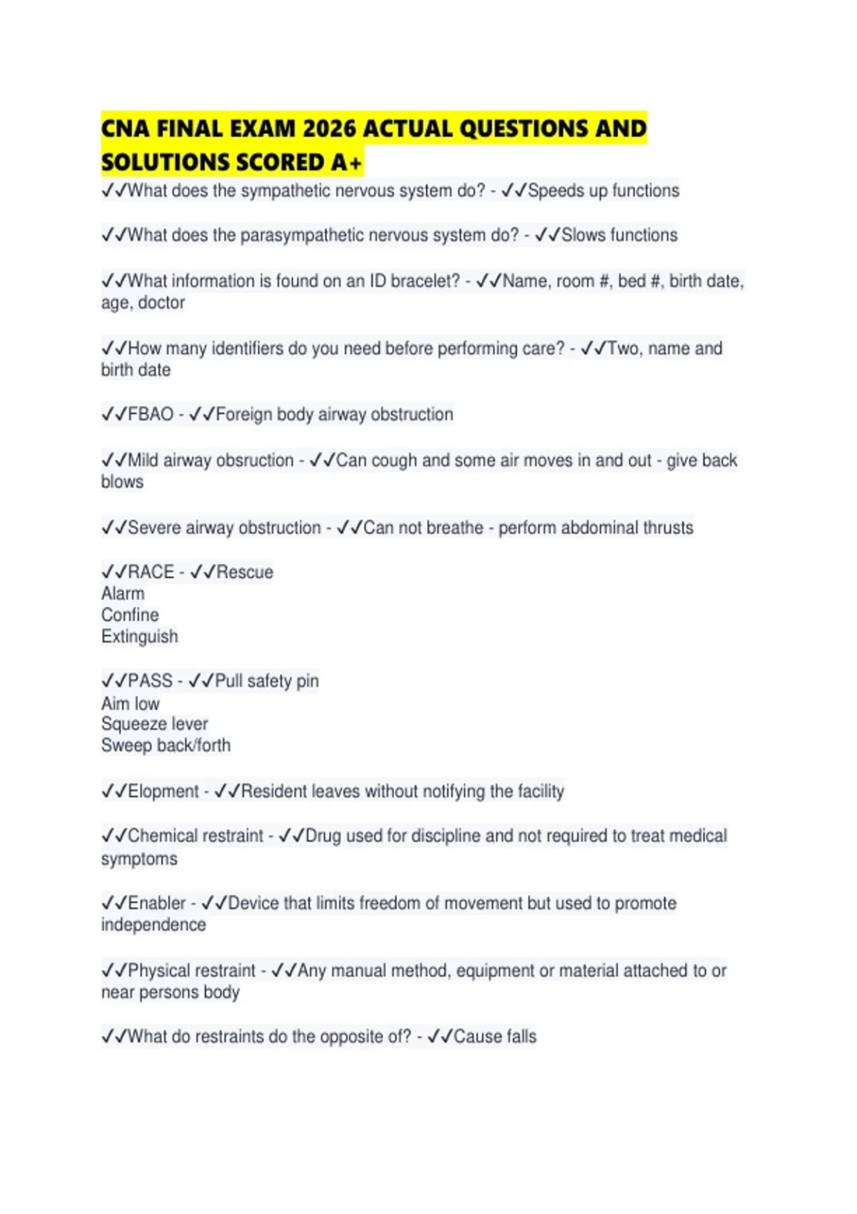 CNA FINAL EXAM 2026 ACTUAL QUESTIONS AND SOLUTIONS SCORED - Cna - Stuvia US