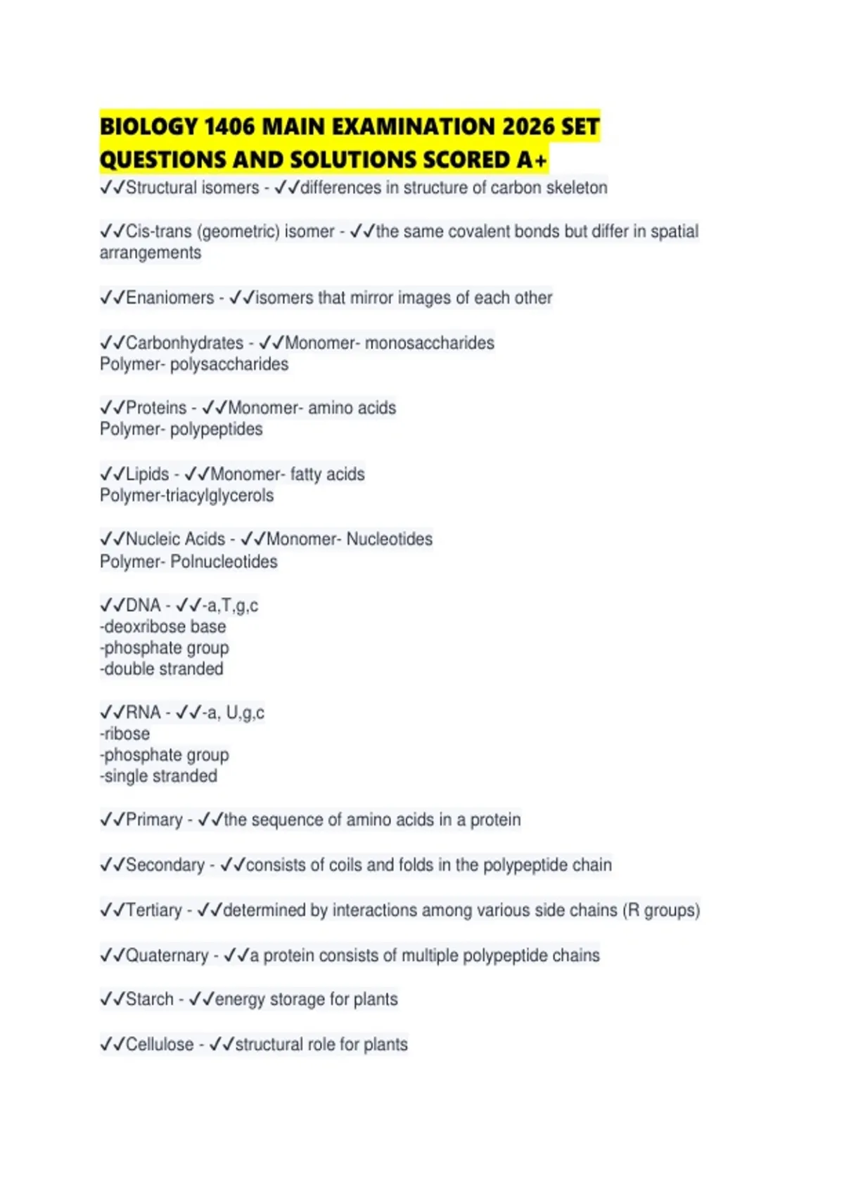 BIOLOGY 1406 MAIN EXAMINATION 2026 SET QUESTIONS AND SOLUTIONS SCORED ...