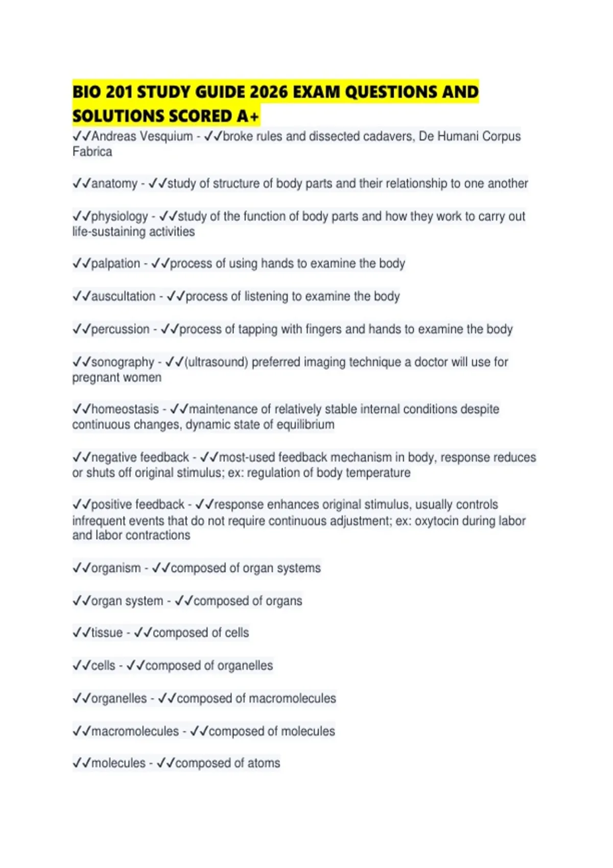 BIO 201 STUDY GUIDE 2026 EXAM QUESTIONS AND SOLUTIONS SCORED - BIO 201 ...