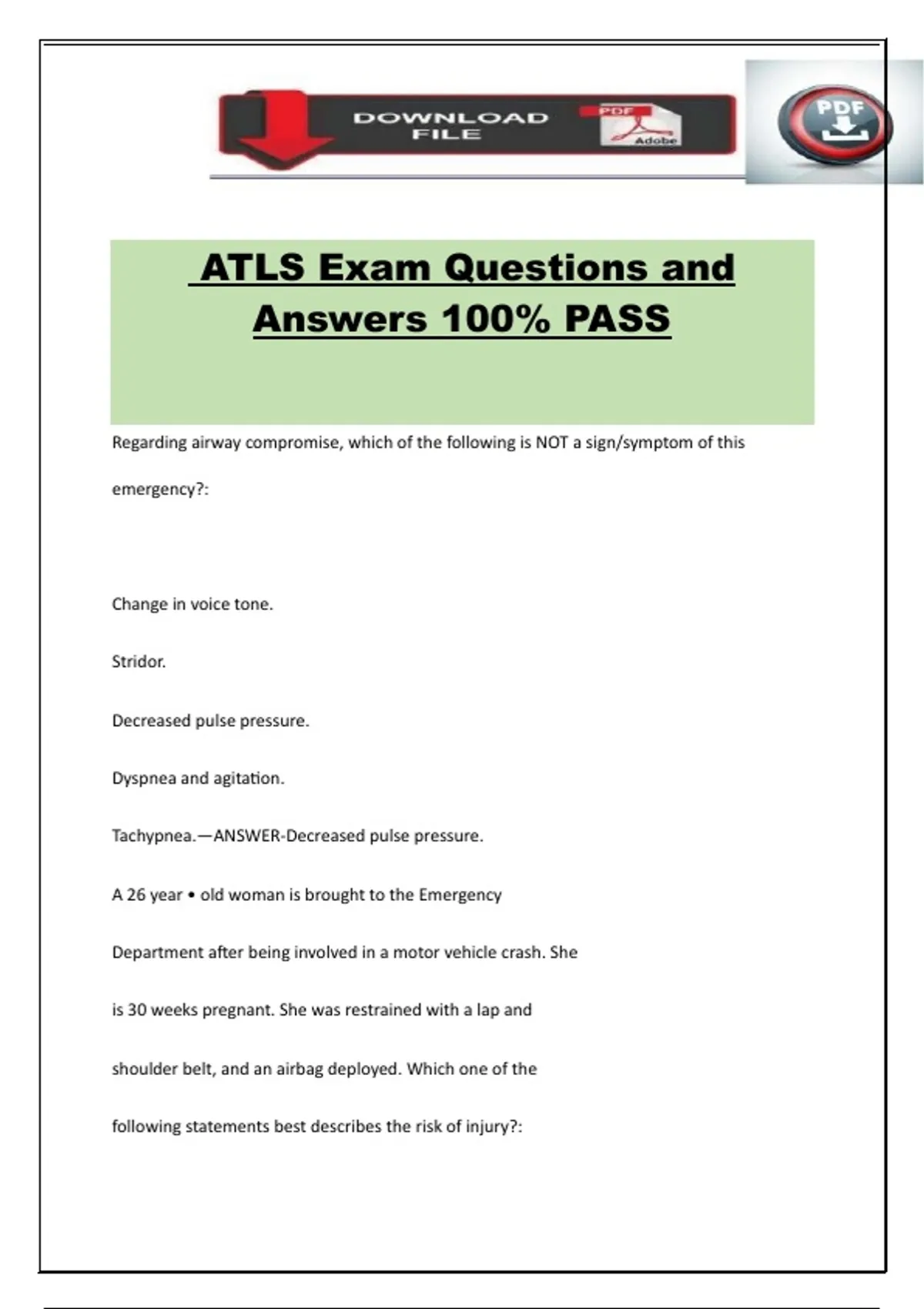 ATLS Exam Questions and Answers 100% PASS - Advanced Life Support ATLS ...
