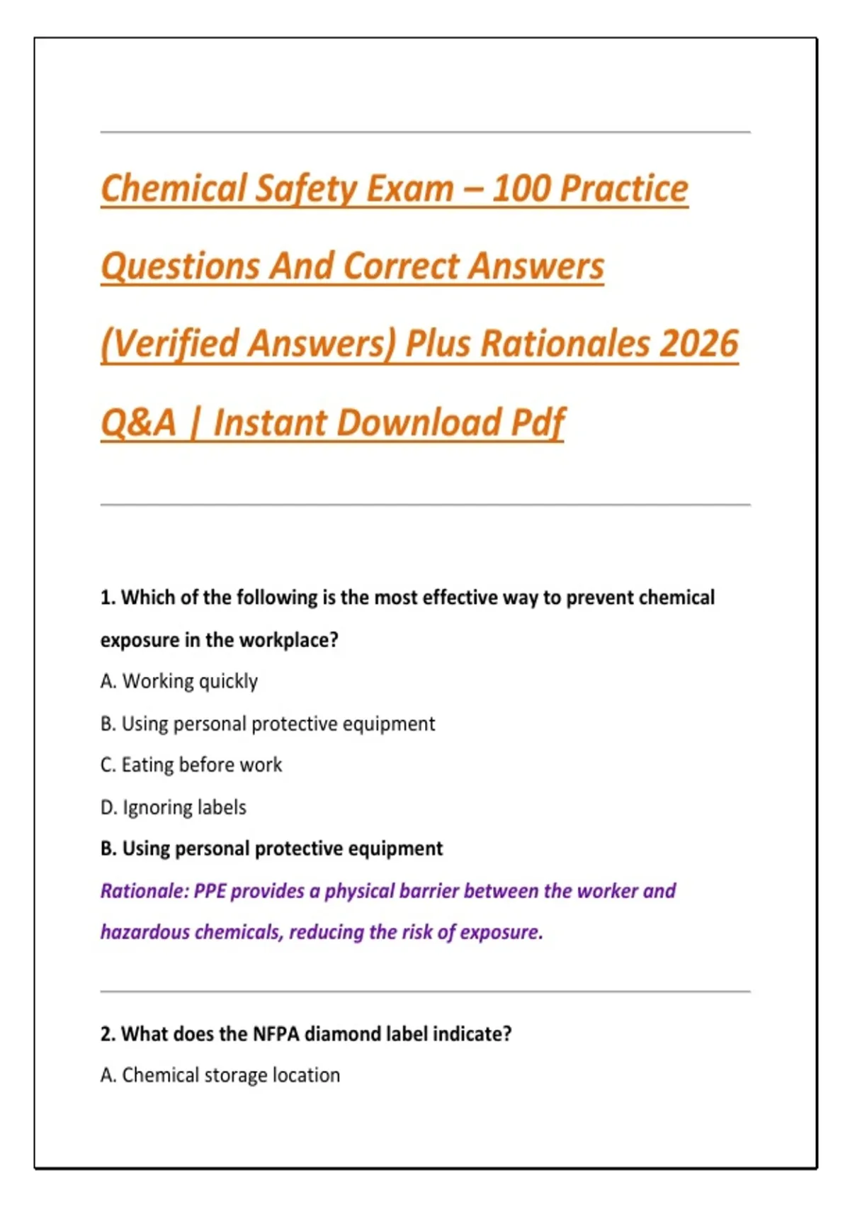 Chemical Safety Exam – 100 Practice Questions And Correct Answers ...