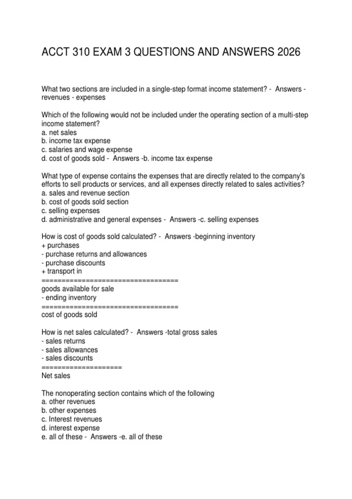 ACCT 310 EXAM 3 QUESTIONS AND ANSWERS 2026 - ACC 310 - Stuvia US