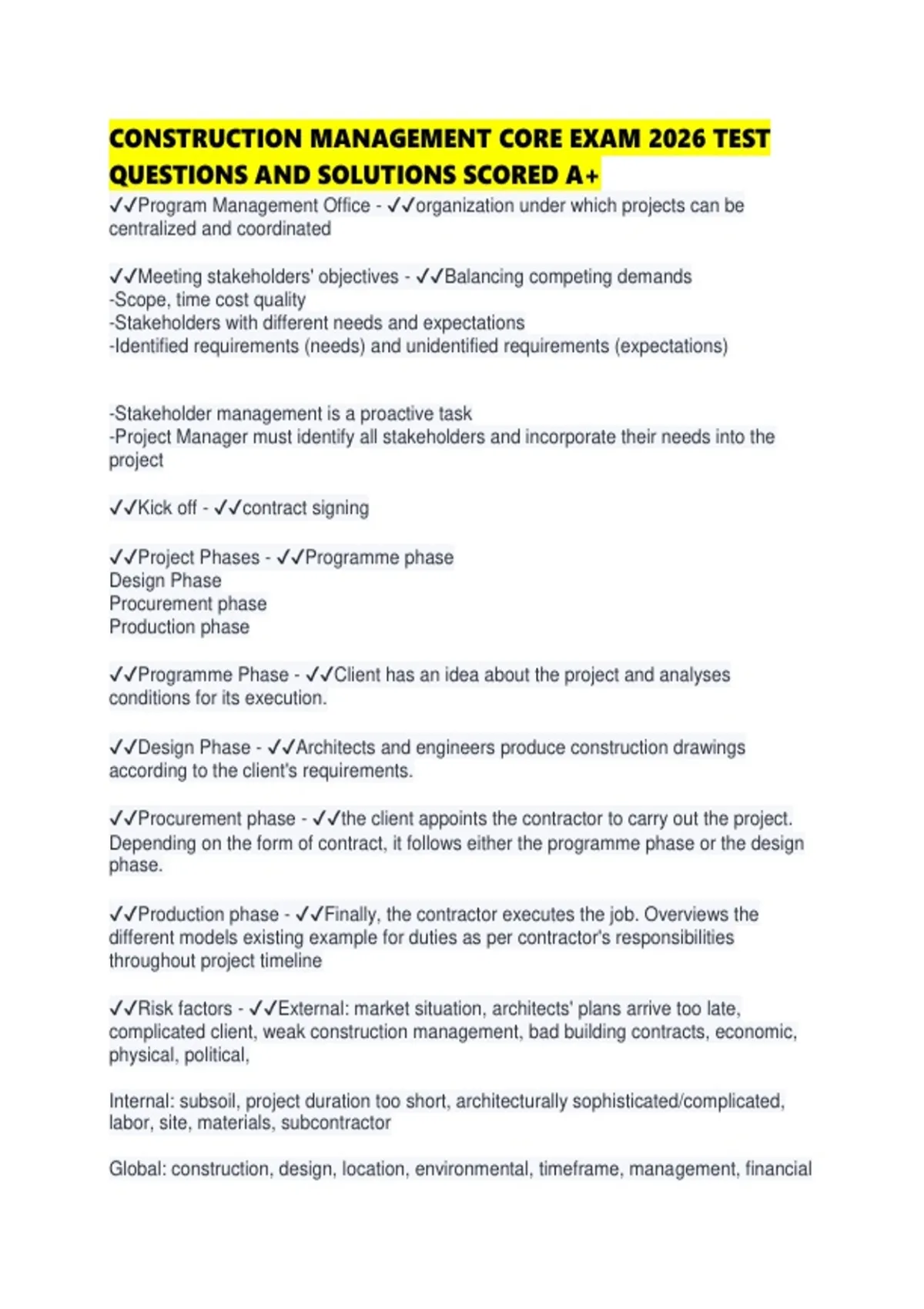 CONSTRUCTION MANAGEMENT CORE EXAM 2026 TEST QUESTIONS AND SOLUTIONS ...
