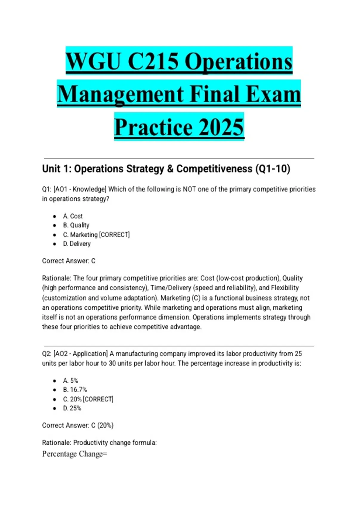WGU C215 Operations Management Final Exam Practice 2025 - WGU C215 ...
