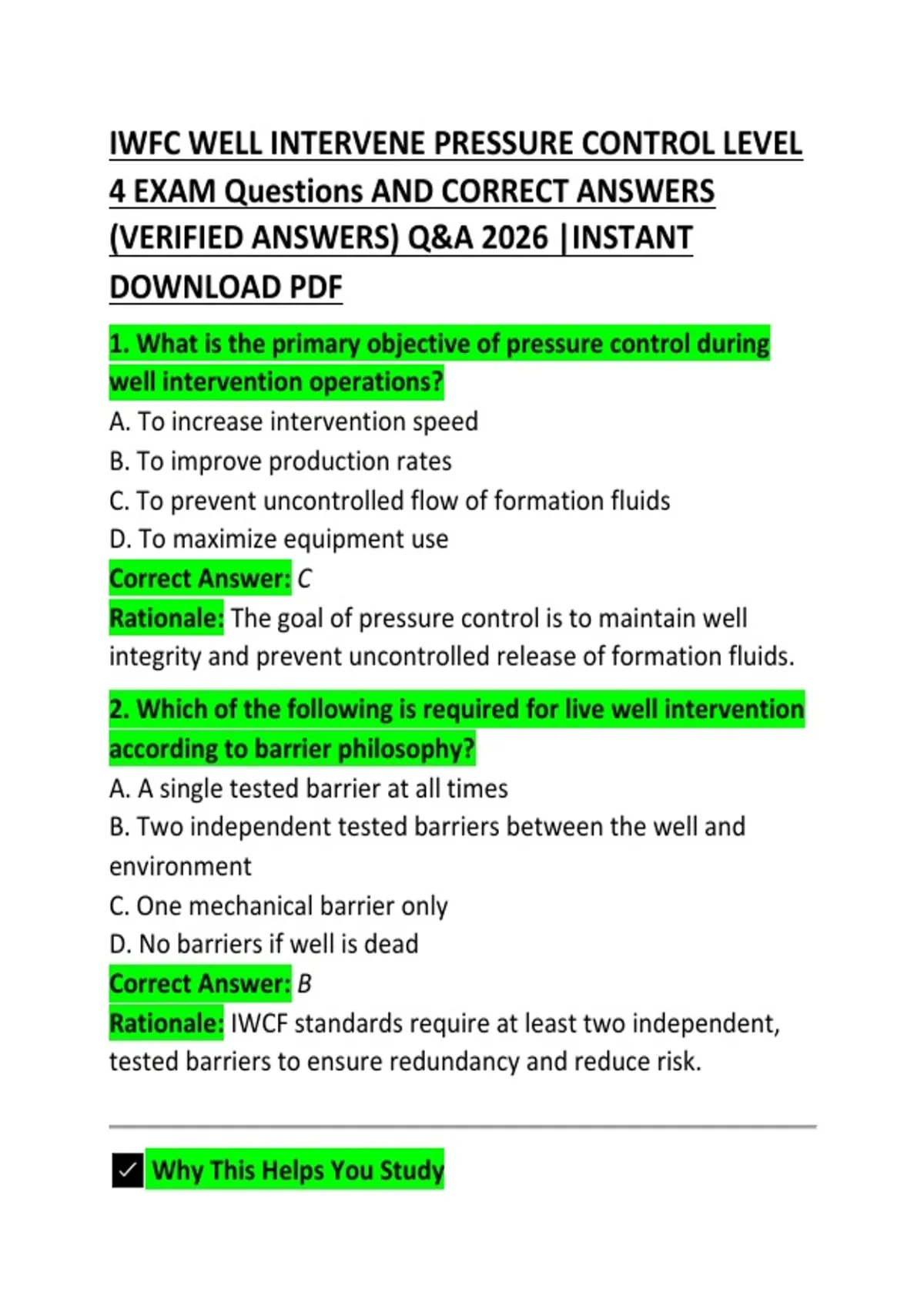 IWCF Well Intervention Pressure Control Level 4 Exam Questions ...