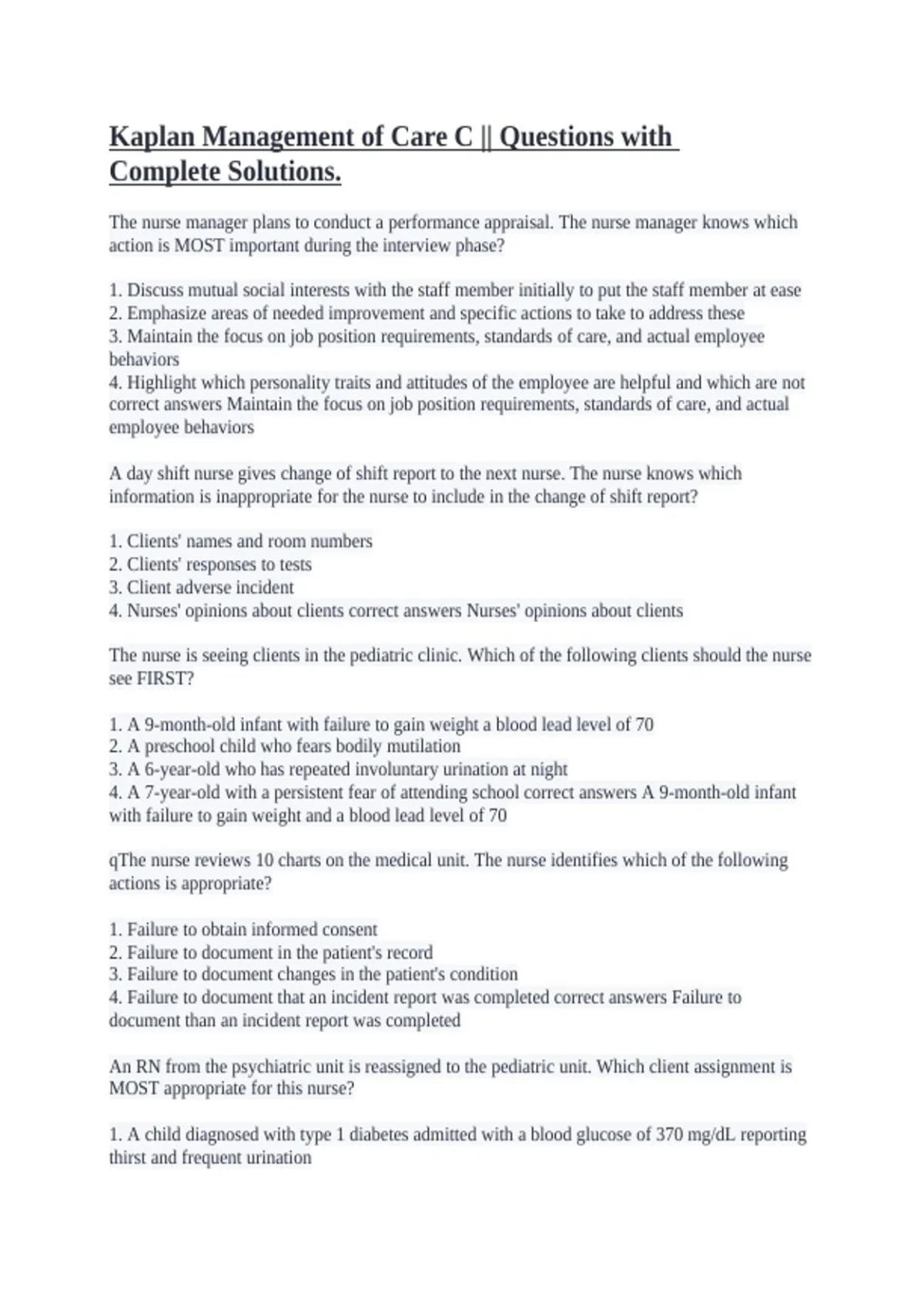 Kaplan Management of Care C || Questions with Complete Solutions ...