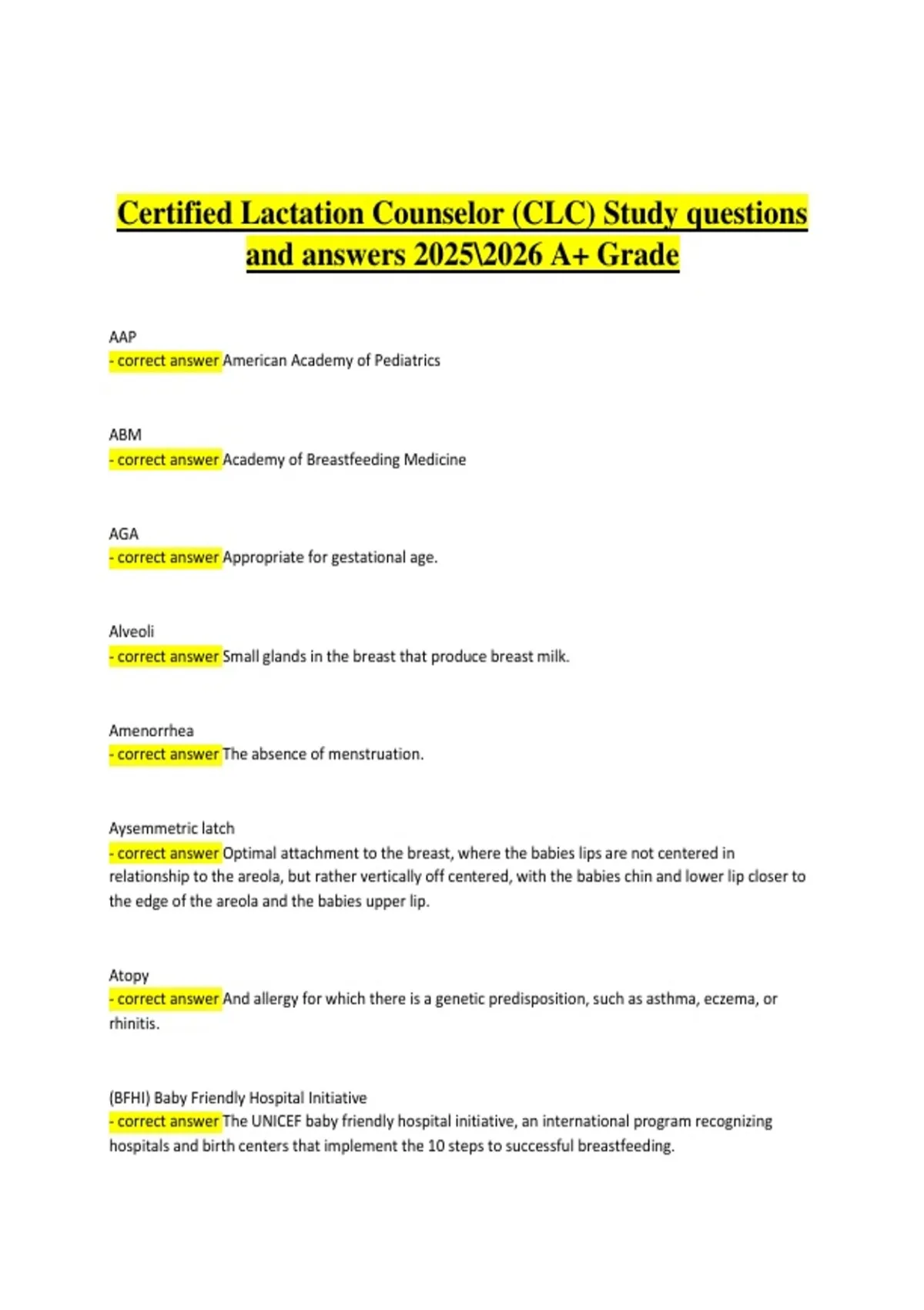 Certified Lactation Counselor (CLC) Study Questions – 2025–2026 ...
