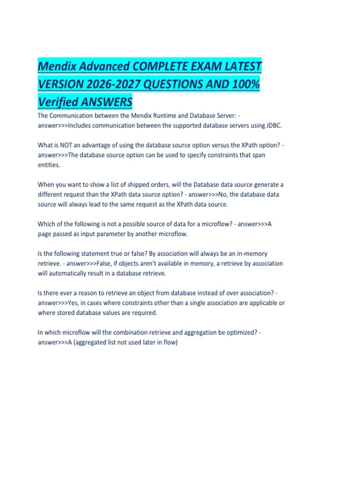 Mendix Advanced COMPLETE EXAM LATEST VERSION QUESTIONS AND 100 ...