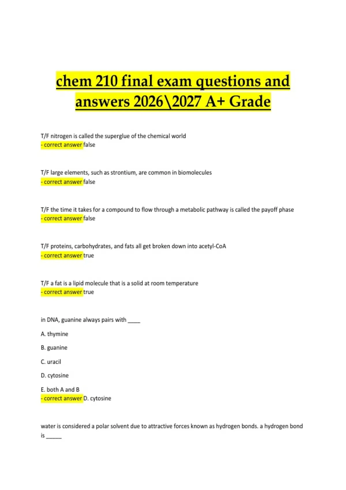 CHEM 210 Biochemistry Final Exam – 2026–2027 – Complete Questions and ...