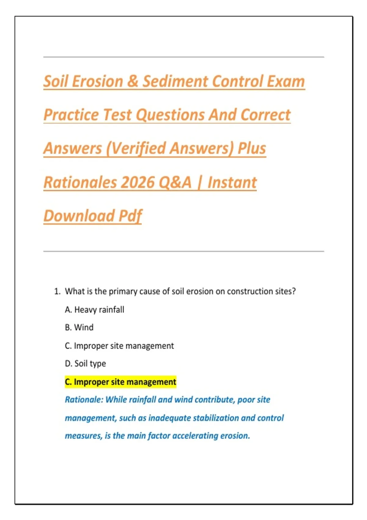 Soil Erosion & Sediment Control Exam Practice Test Questions And ...