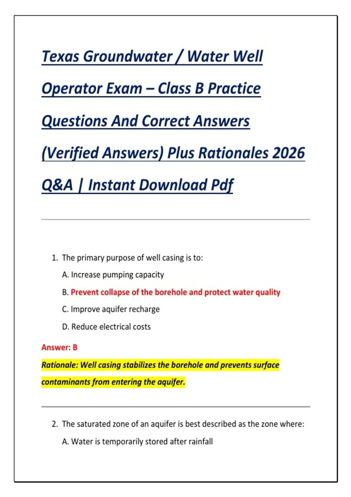 Texas Groundwater / Water Well Operator Exam – Class B Practice Questions And Correct Answers ...