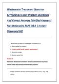 Wastewater Treatment Operator  Certification Exam Practice Questions  And Correct Answers &lpar;Verified Answers&rpar;  Plus Rationales 2026 Q&A &vert; Instant  Download Pdf 