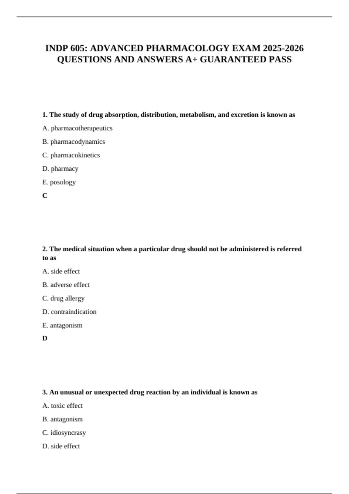 INDP 605: ADVANCED PHARMACOLOGY EXAM QUESTIONS AND ANSWERS A+ ...