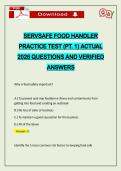 SERVSAFE FOOD HANDLER PRACTICE TEST &lpar;PT&period; 1&rpar; ACTUAL 2026 QUESTIONS AND VERIFIED ANSWERS