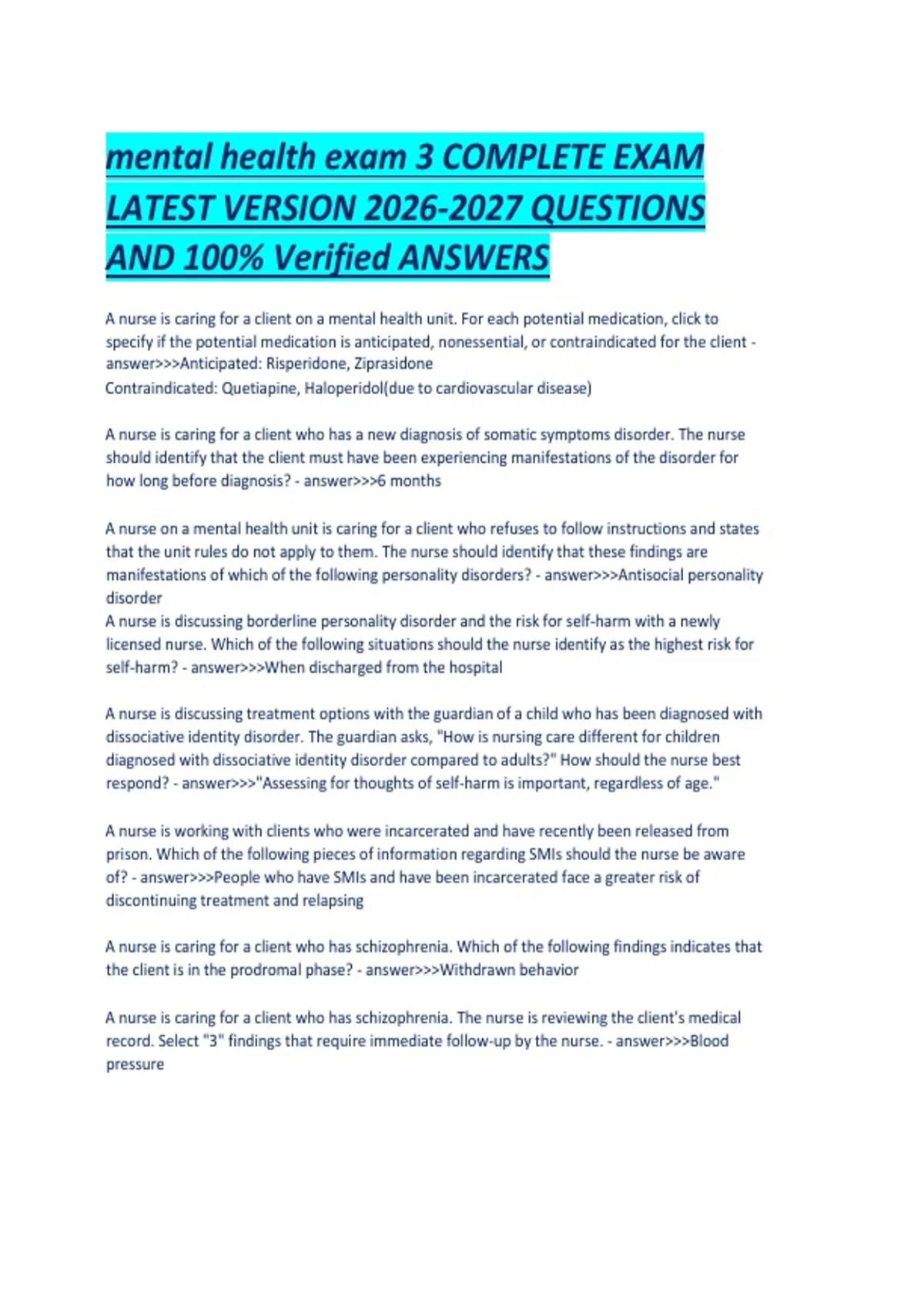 mental health exam 3 COMPLETE EXAM LATEST VERSION QUESTIONS AND 100 ...