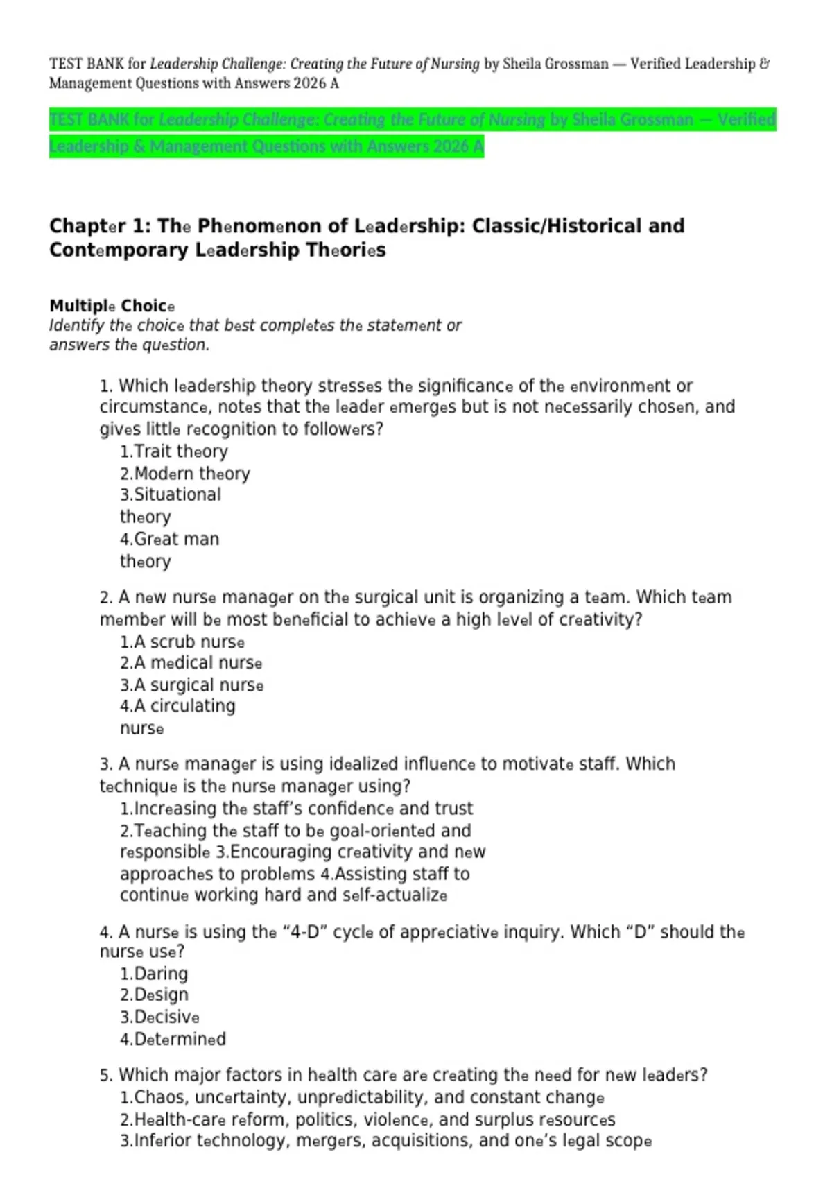 TEST BANK for Leadership Challenge: Creating the Future of Nursing by ...