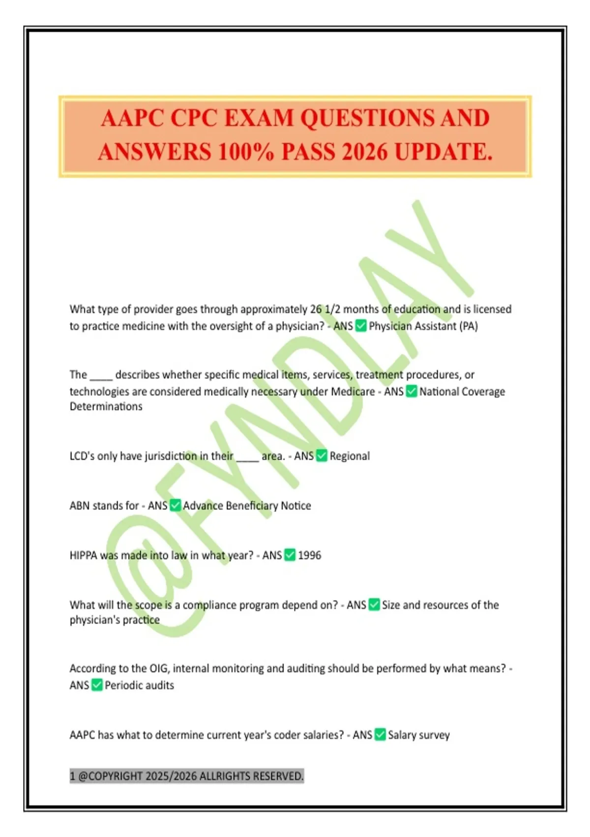 AAPC CPC EXAM QUESTIONS AND ANSWERS 100% PASS 2026 UPDATE - AAPC CPC ...