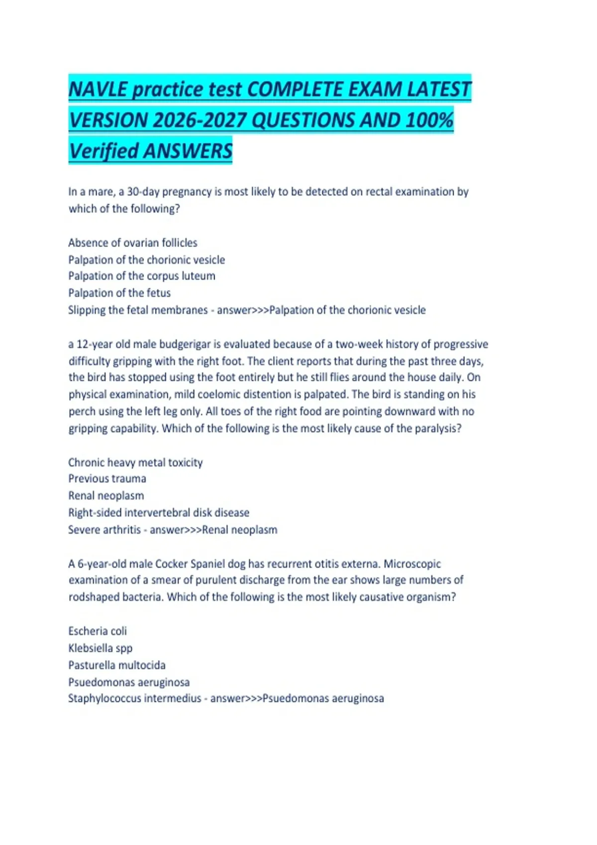 Navle Sample Question NAVLE practice test COMPLETE EXAM LATEST VERSION QUESTIONS AND 100 ...