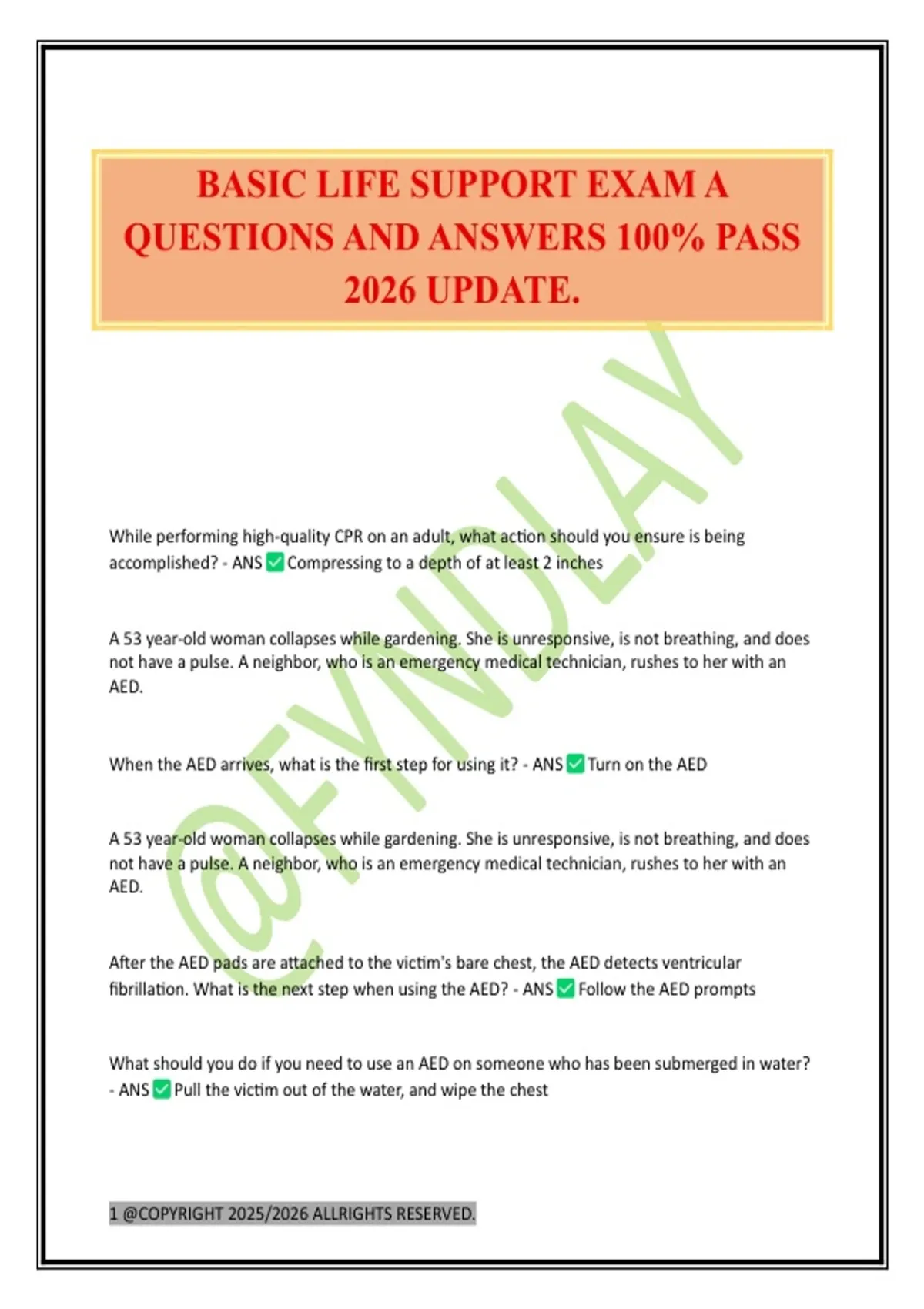 BASIC LIFE SUPPORT EXAM A QUESTIONS AND ANSWERS 100% PASS 2026 UPDATE ...