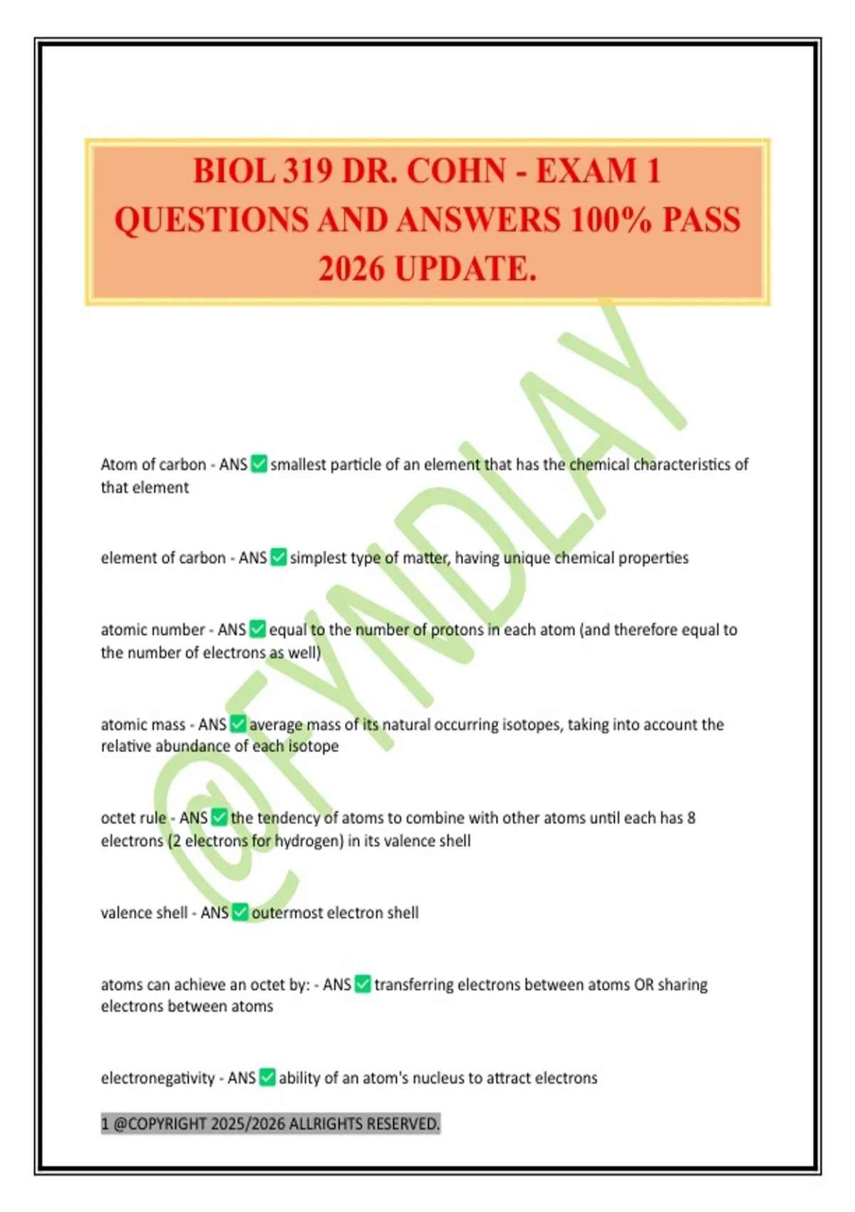 BIOL 319 DR. COHN - EXAM 1 QUESTIONS AND ANSWERS 100% PASS 2026 UPDATE ...