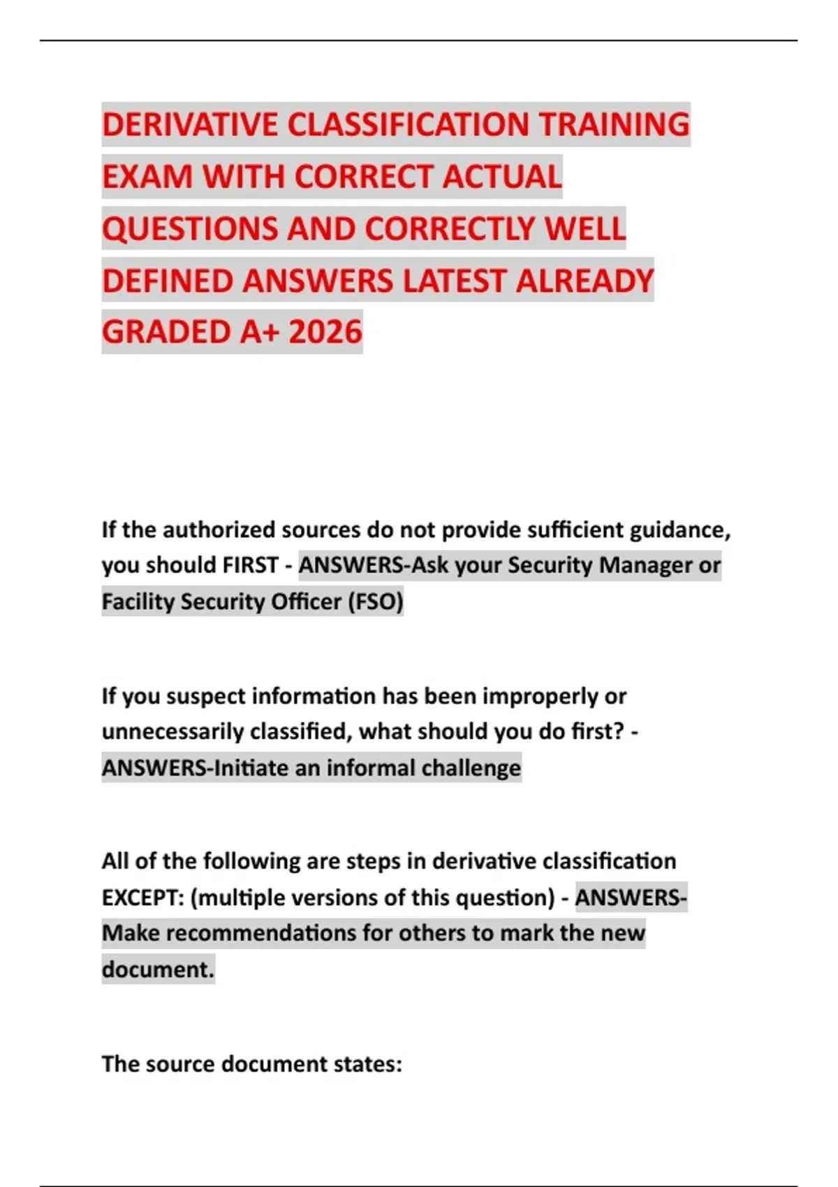 DERIVATIVE CLASSIFICATION TRAINING EXAM WITH CORRECT ACTUAL QUESTIONS ...