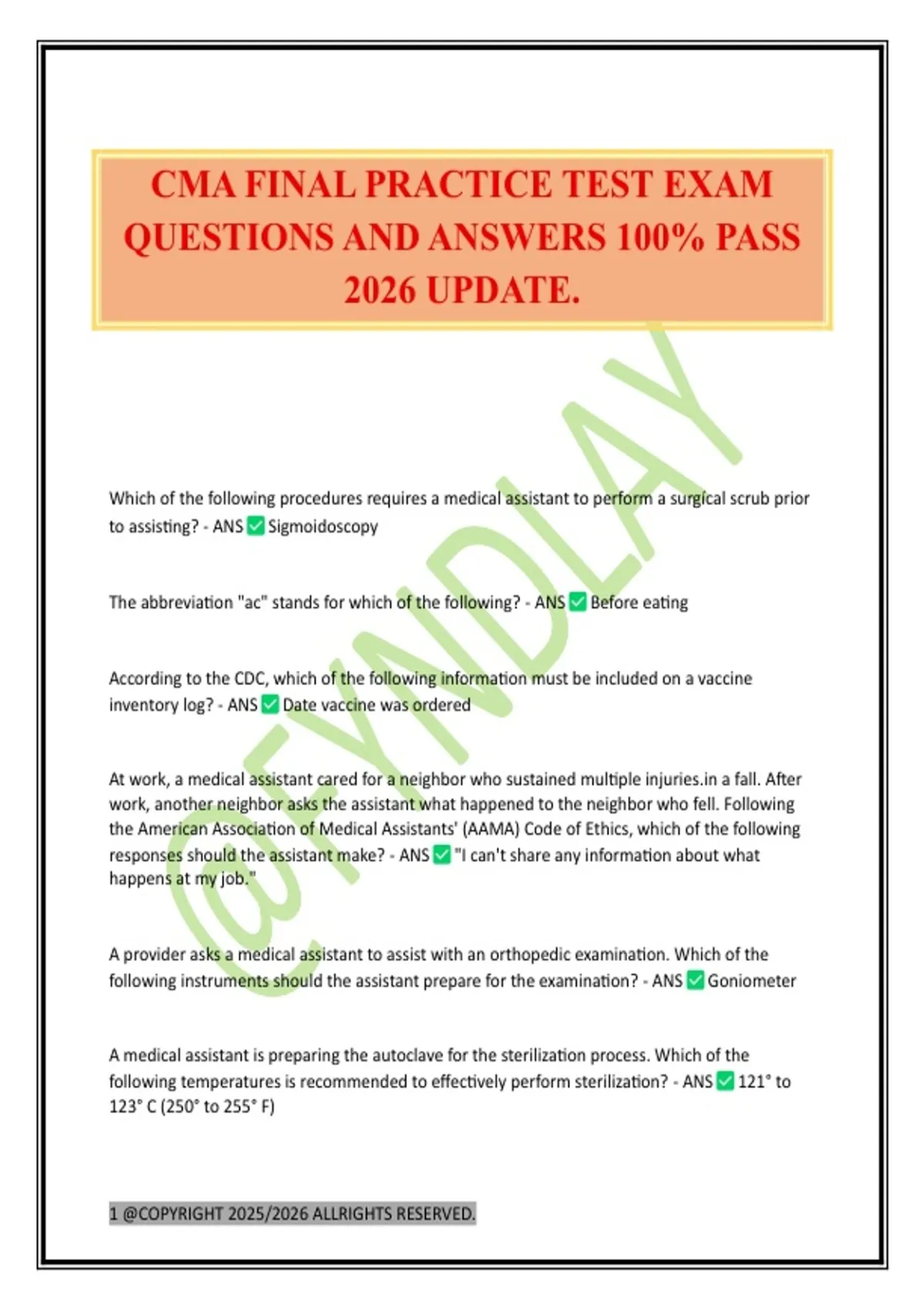 CMA FINAL PRACTICE TEST EXAM QUESTIONS AND ANSWERS 100% PASS 2026 ...