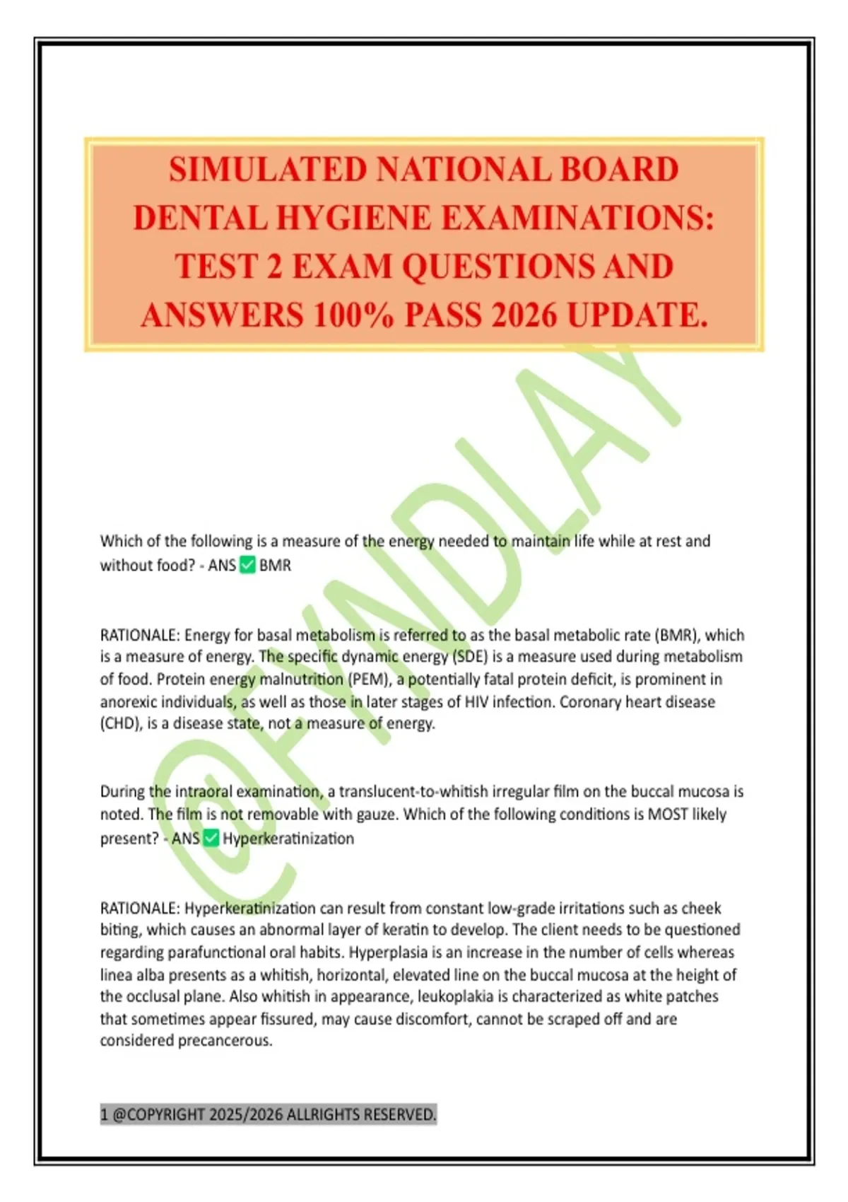 SIMULATED NATIONAL BOARD DENTAL HYGIENE EXAMINATIONS: TEST 2 EXAM ...