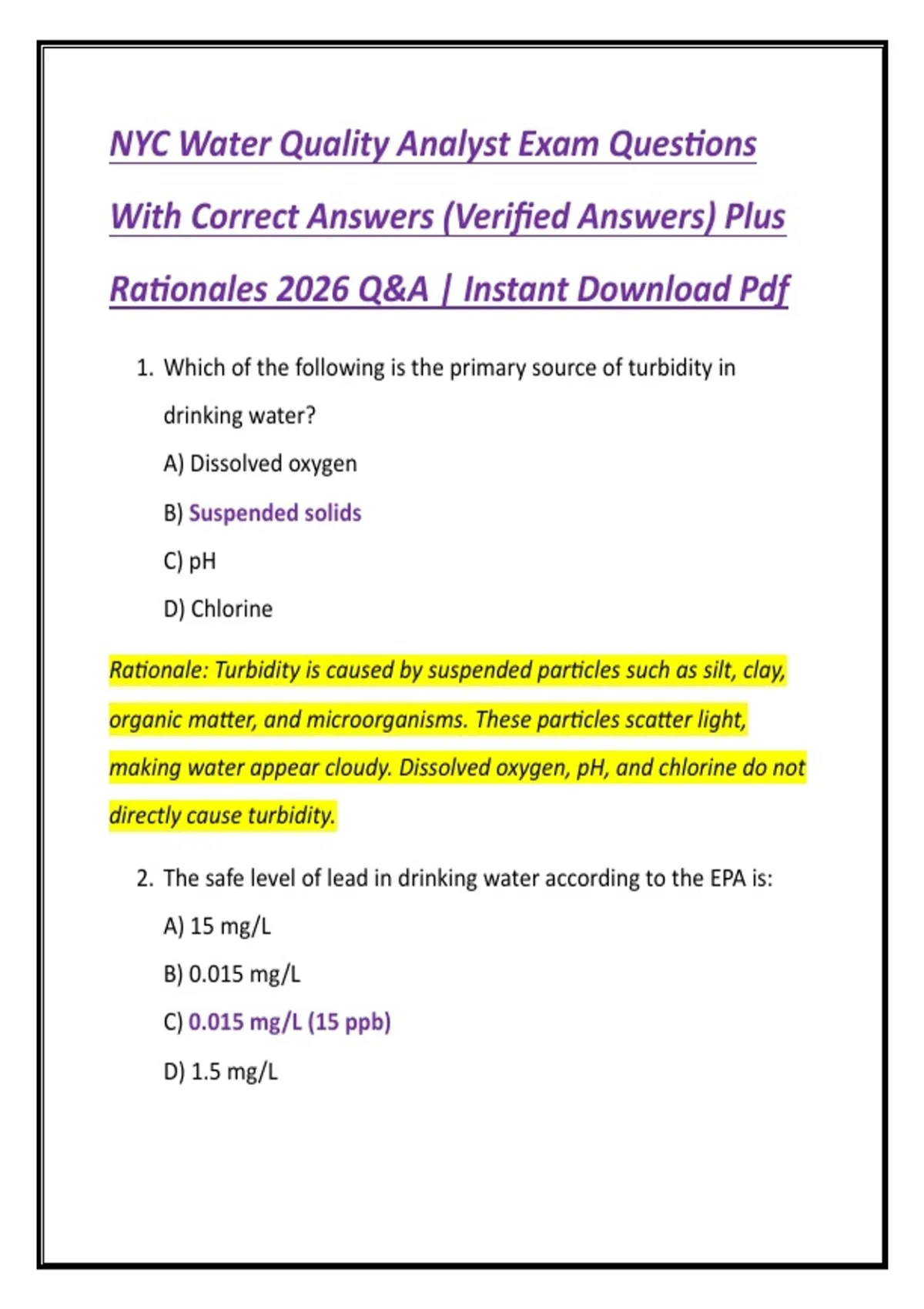NYC Water Quality Analyst Exam Questions With Correct Answers (Verified ...