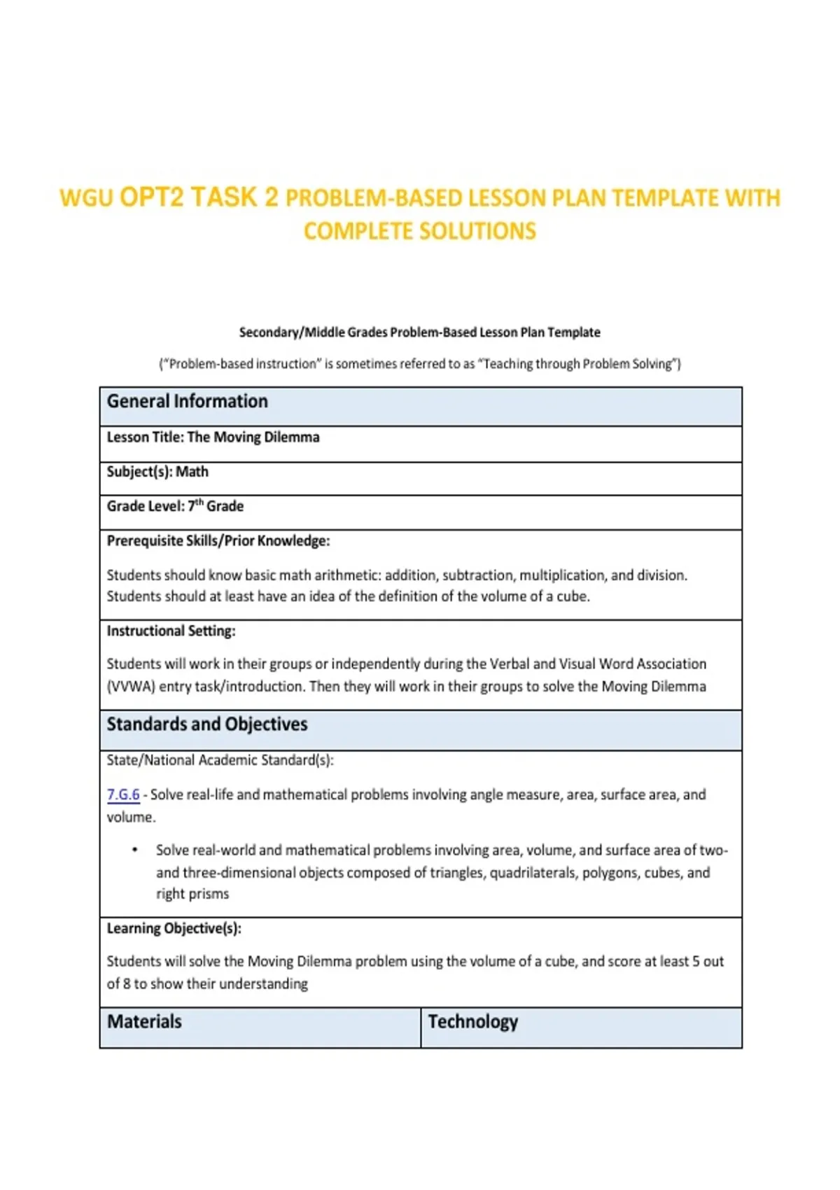 Problem Based Lesson Plan Example WGU OPT2 TASK 2 PROBLEM-BASED LESSON PLAN TEMPLATE WITH COMPLETE ...