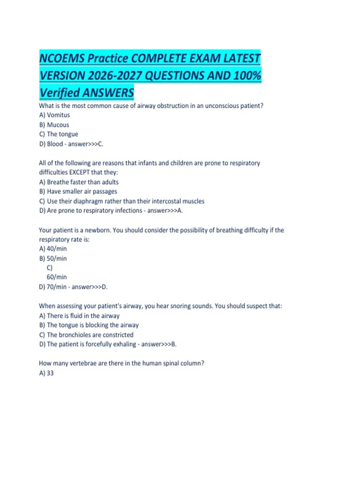 NCOEMS Practice COMPLETE EXAM LATEST VERSION QUESTIONS AND 100 ...
