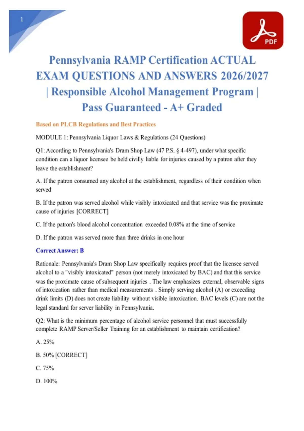 Pennsylvania RAMP Certification ACTUAL EXAM QUESTIONS AND ANSWERS 2026/ ...