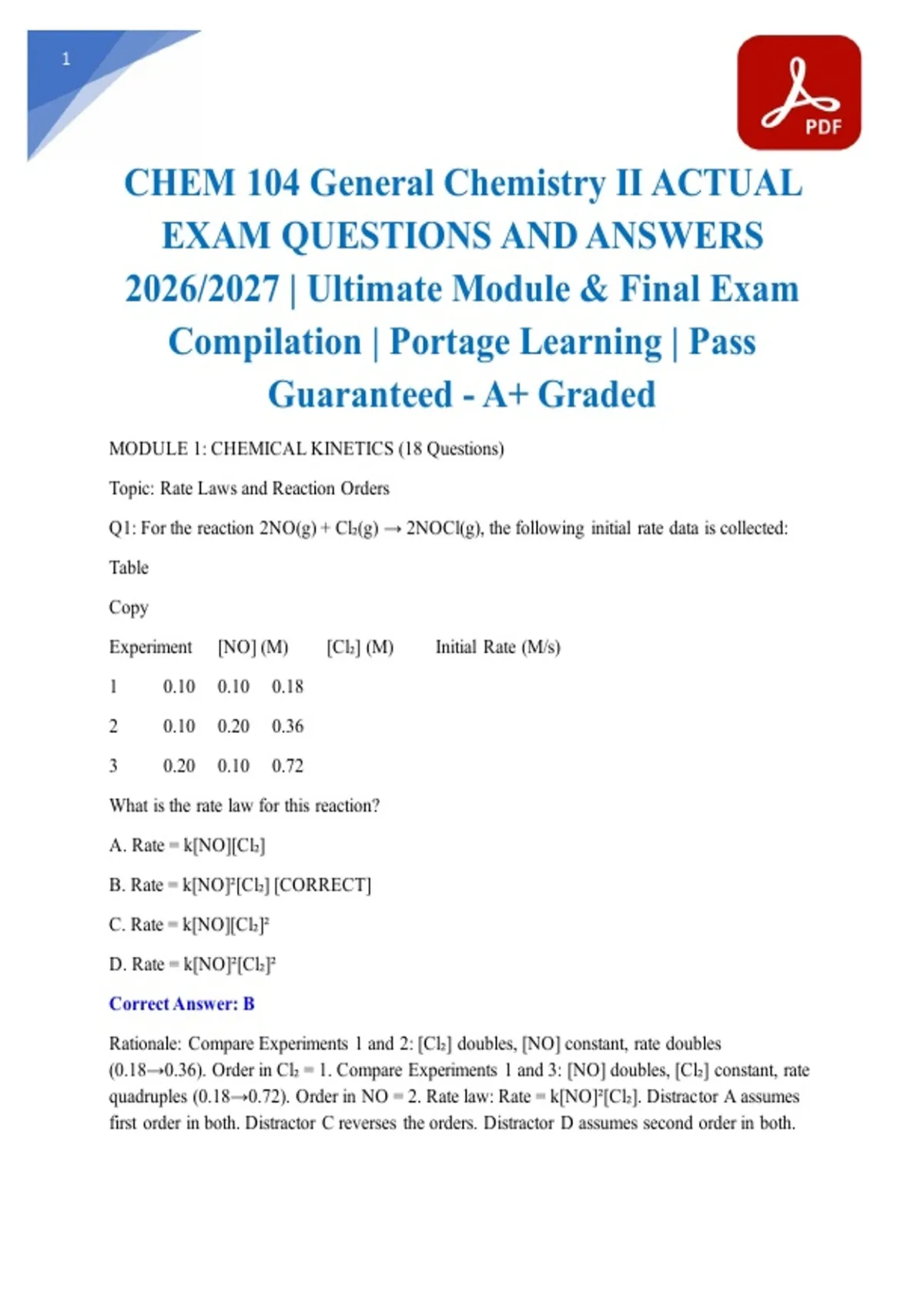 CHEM 104 General Chemistry II ACTUAL EXAM QUESTIONS AND ANSWERS 2026/ ...