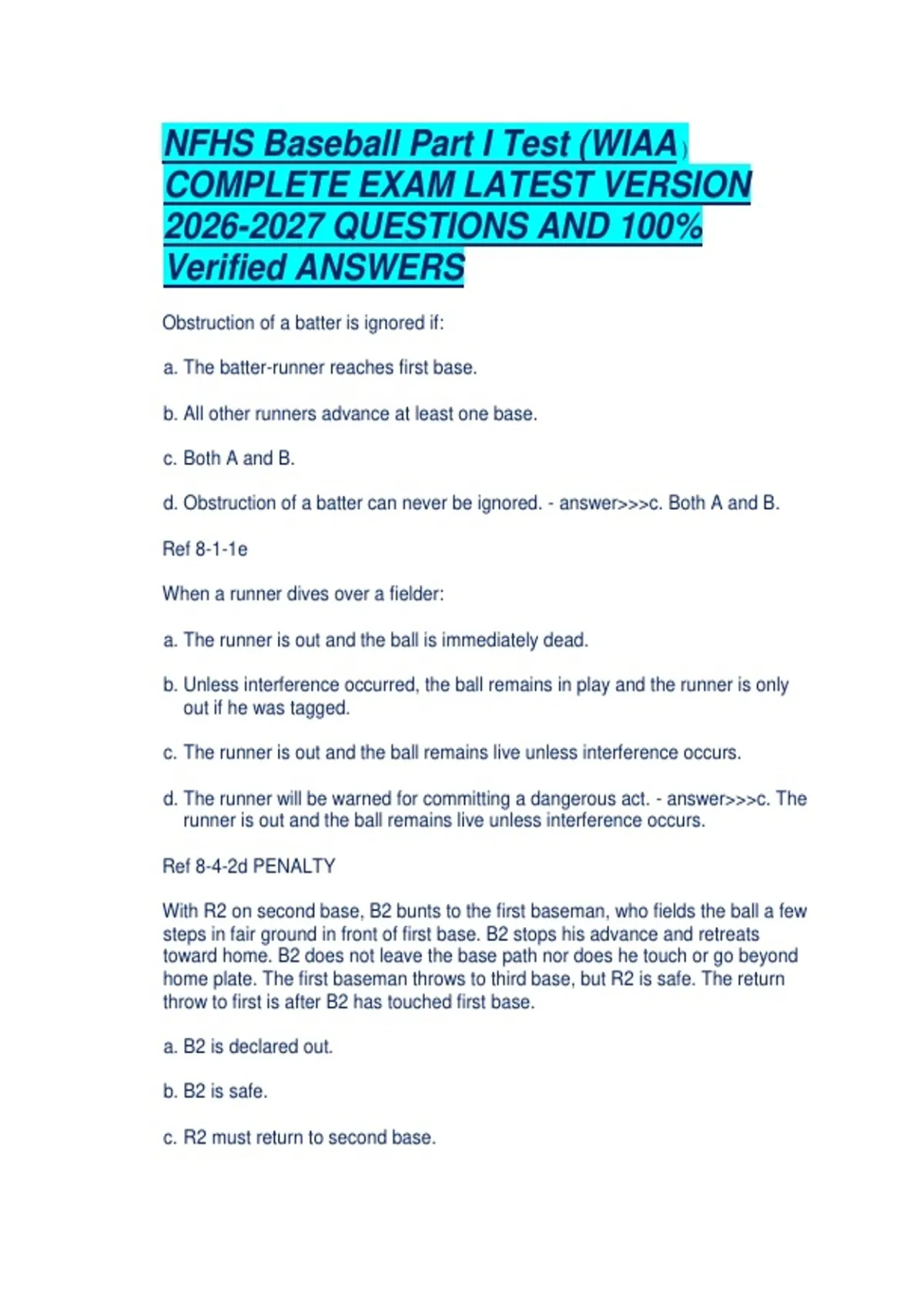 Nfhs Questionnaire.pdf NFHS Baseball Part I Test (WIAA ) COMPLETE EXAM LATEST VERSION ...