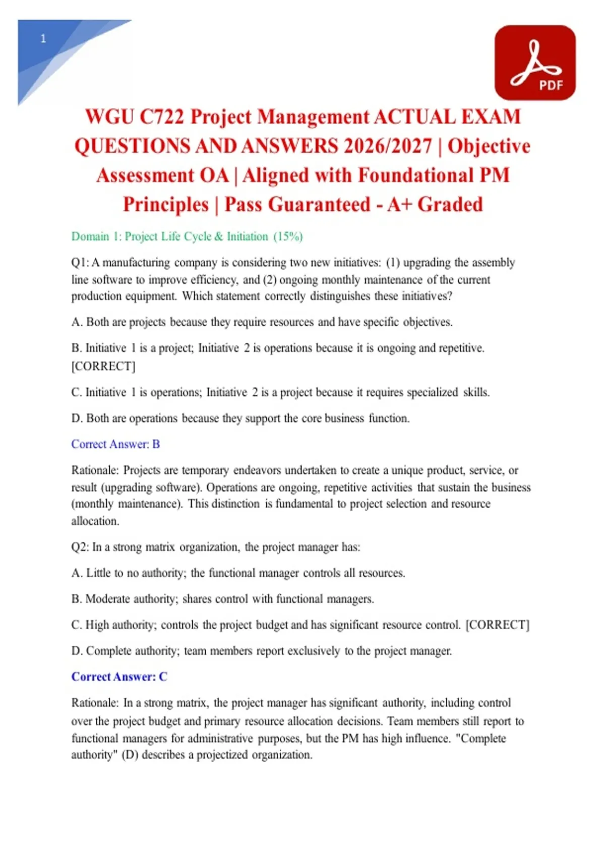 WGU C722 Project Management ACTUAL EXAM QUESTIONS AND ANSWERS 2026/2027 ...
