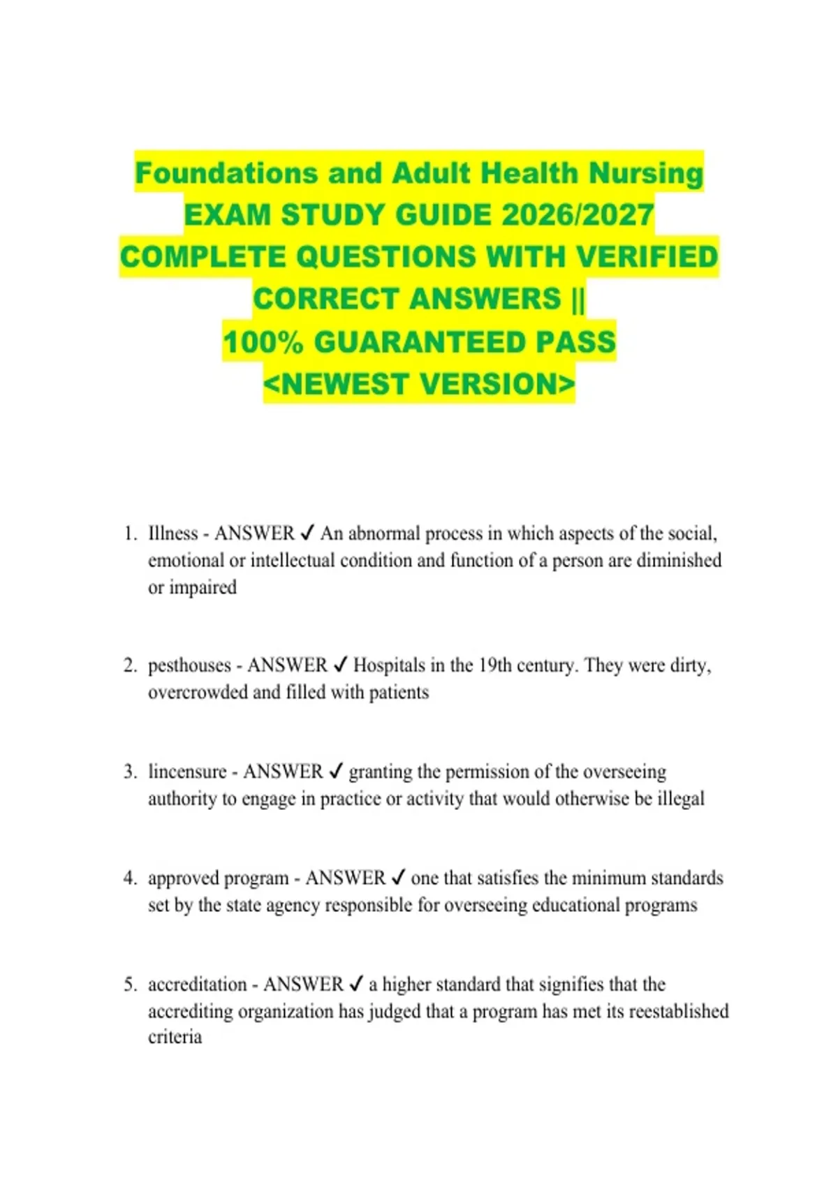 Foundations and Adult Health Nursing EXAM STUDY GUIDE 2026/2027 ...
