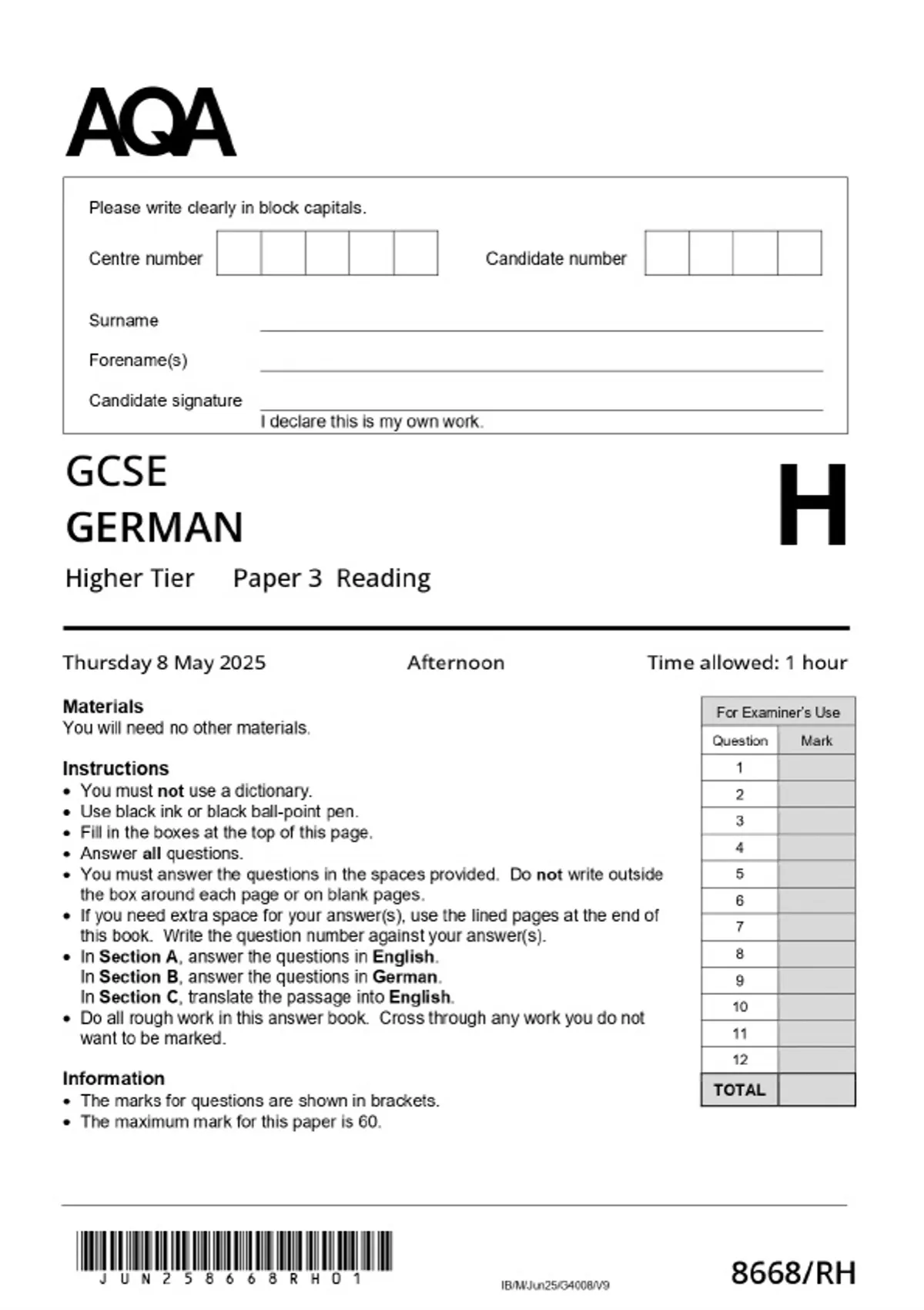 Actual 2025 AQA GCSE GERMAN 8668/RH Paper 3 Reading Higher Tier ...
