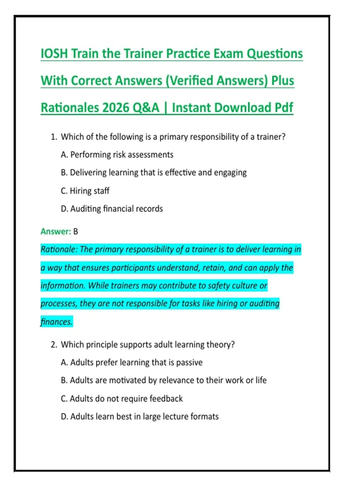 IOSH Train the Trainer Practice Exam Questions With Correct Answers ...