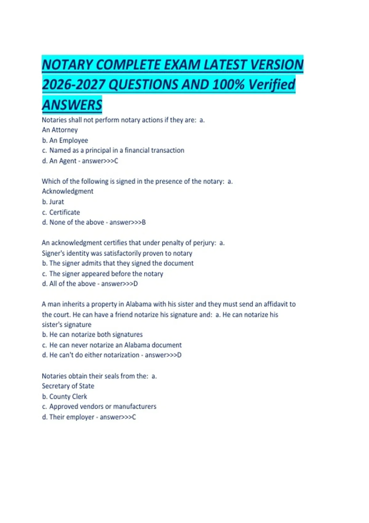 NOTARY COMPLETE EXAM LATEST VERSION QUESTIONS AND 100- Verified ANSWERS ...