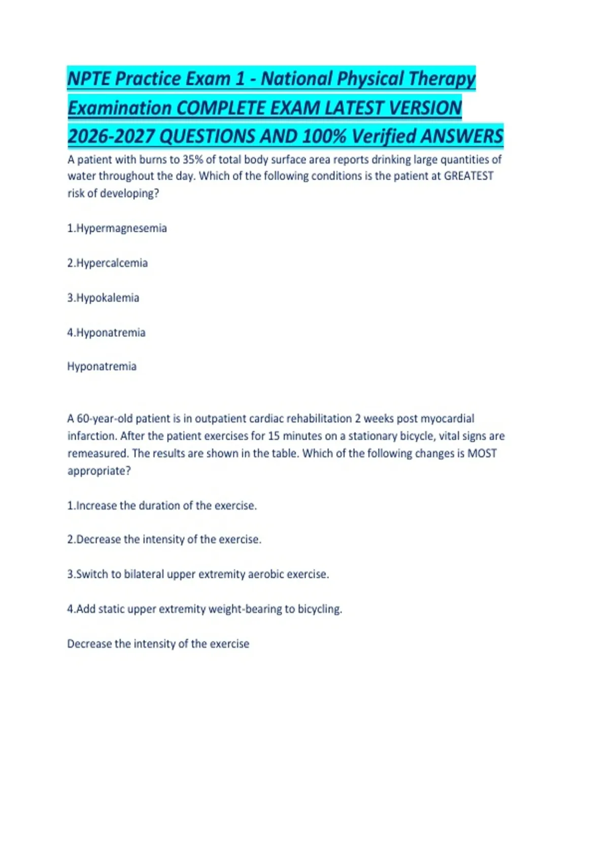 Npte NPTE Practice Exam 1 - National Physical Therapy Examination COMPLETE ...