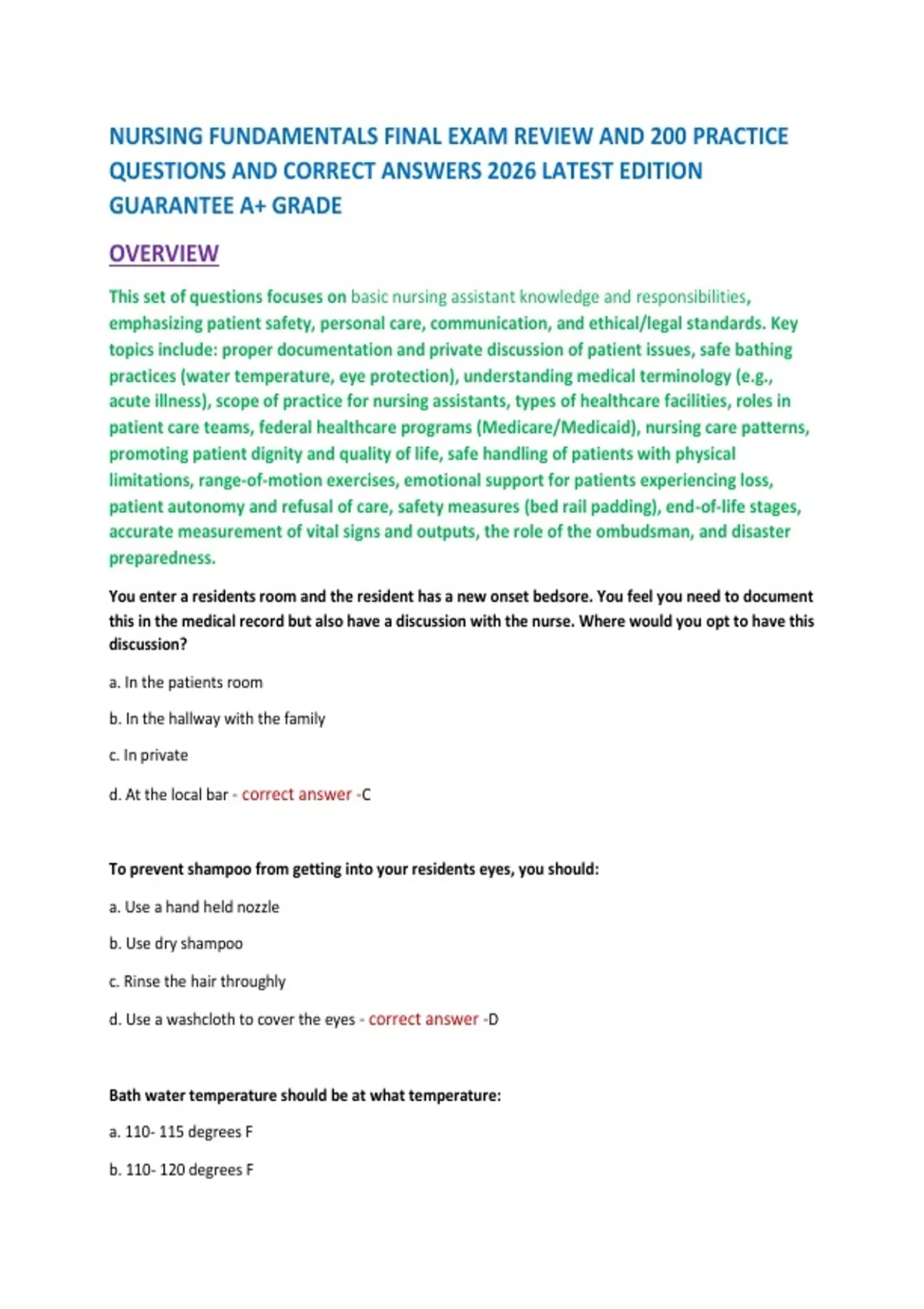 NURSING FUNDAMENTALS FINAL EXAM REVIEW AND 200 PRACTICE QUESTIONS AND ...