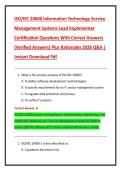 ISO&sol;IEC 20000 Information Technology Service  Management Systems Lead Implementer  Certification Questions With Correct Answers  &lpar;Verified Answers&rpar; Plus Rationales 2026 Q&A &vert;  Instant Download Pdf 