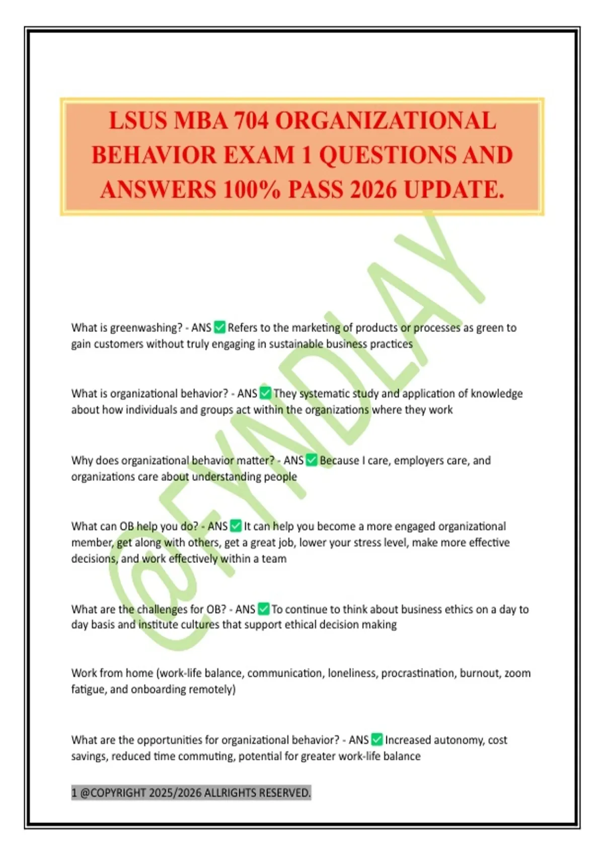 Lsus Mba 704 Organizational Behavior Exam 1 Questions And Answers 100 