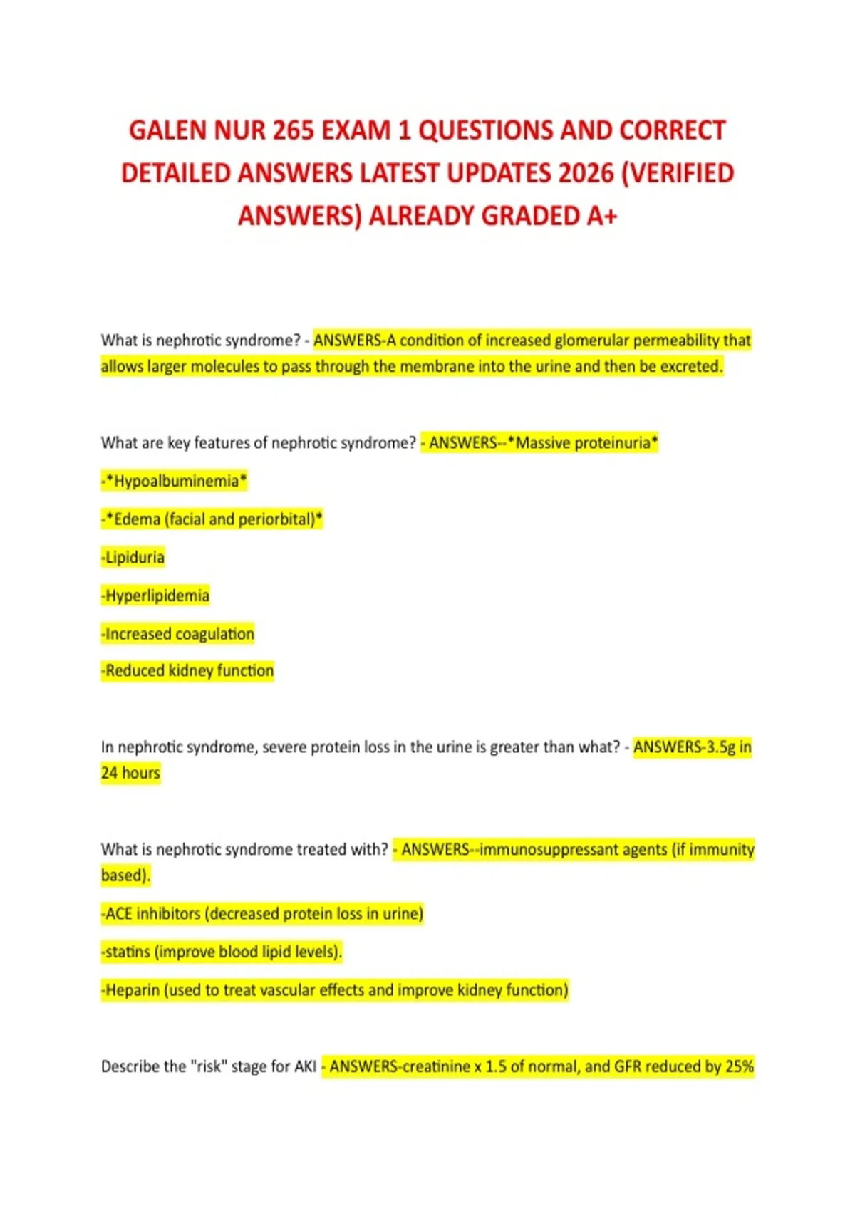 GALEN NUR 265 EXAM 1 QUESTIONS AND CORRECT DETAILED ANSWERS LATEST ...