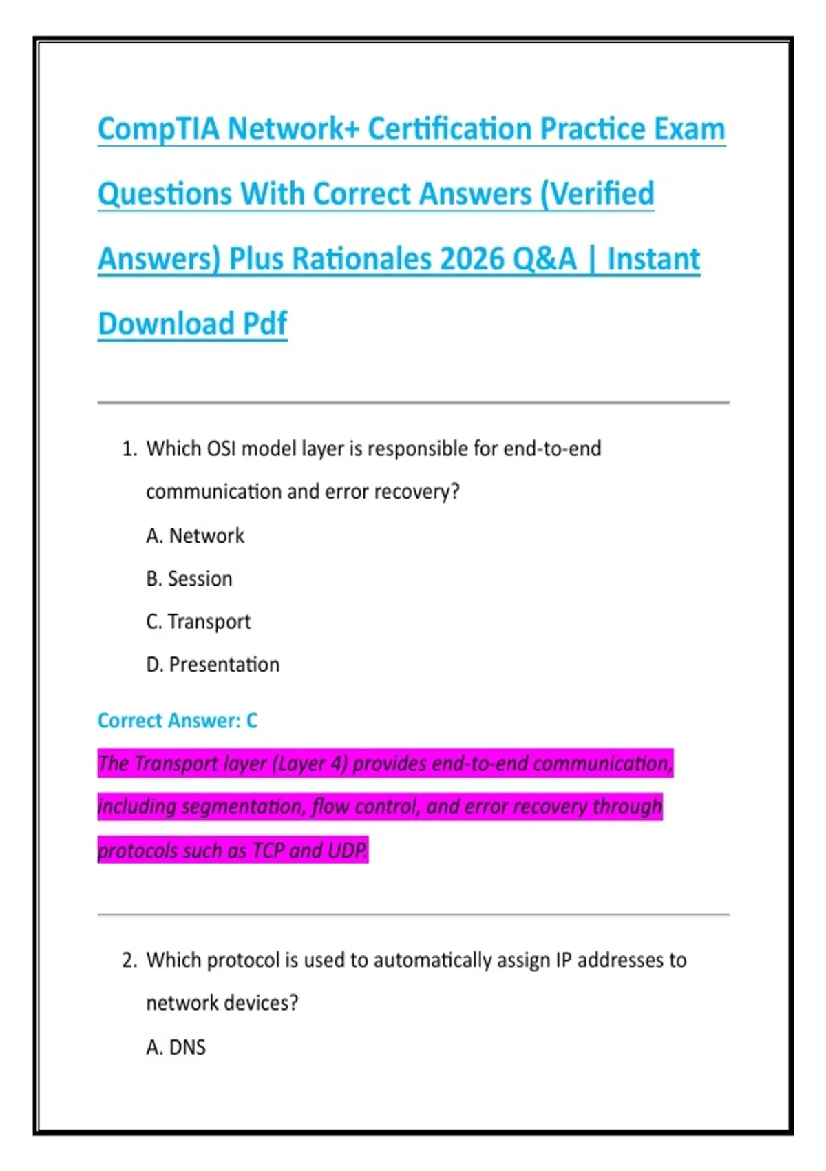 CompTIA Network+ Certification Practice Exam Questions With Correct ...