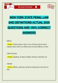 NEW YORK STATE PENAL LAW AND DEFINITIONS ACTUAL 2026 QUESTIONS AND 100&percnt; CORRECT ANSWERS