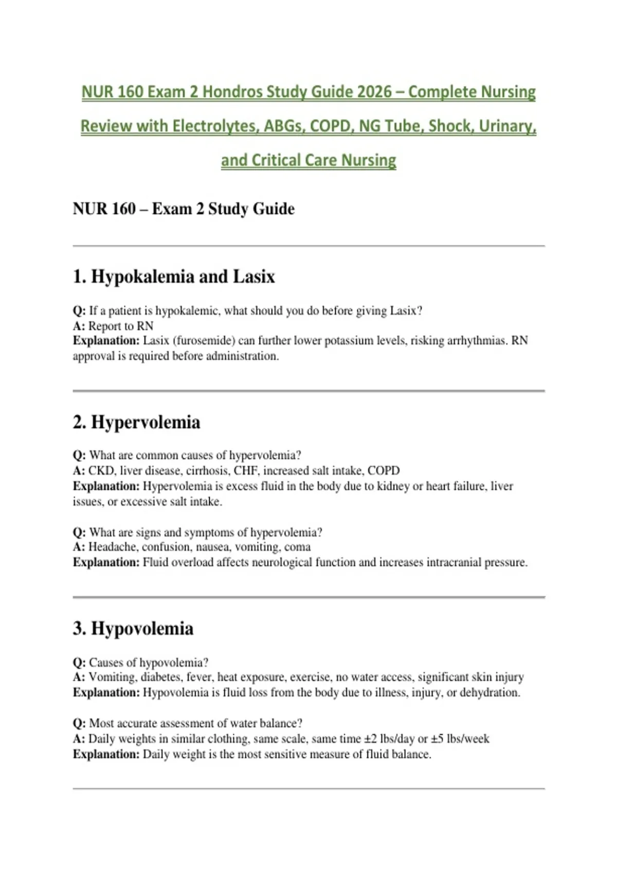 NUR 160 Exam 2 Hondros Study Guide 2026 – Complete Nursing Review with ...