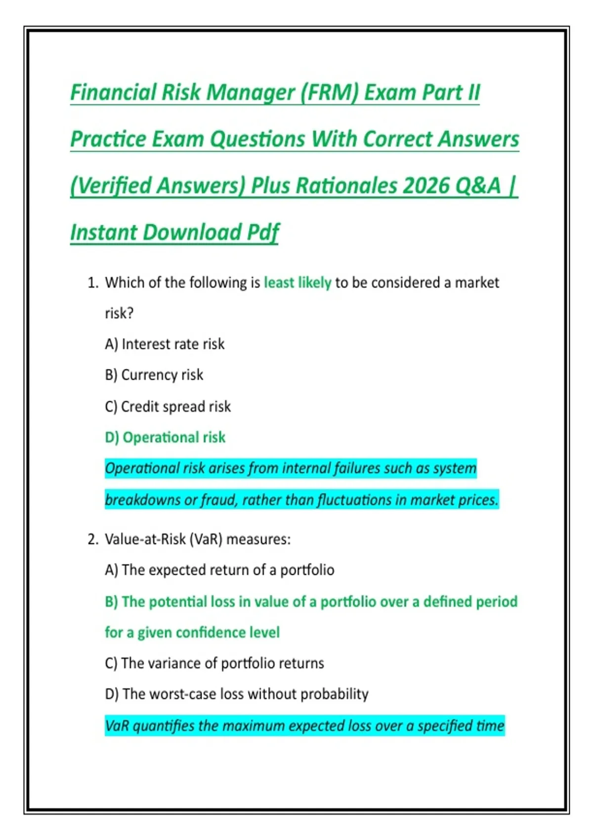 Financial Risk Manager (FRM) Exam Part II Practice Exam Questions With ...