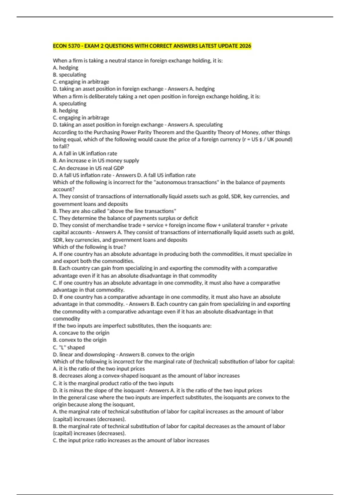 ECON 5370 - EXAM 2 QUESTIONS WITH CORRECT ANSWERS LATEST UPDATE 2026 ...